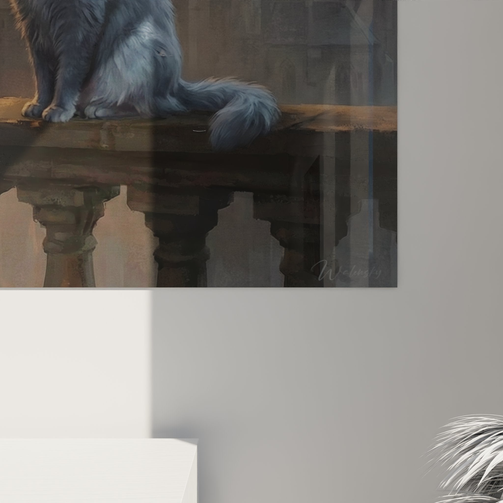 Übersichtsansicht des Nebelung-Katzen-Gemäldes auf einem Balkon eines Schlosses mit gotischen Türmen, Flammenfackel, düstere Atmosphäre