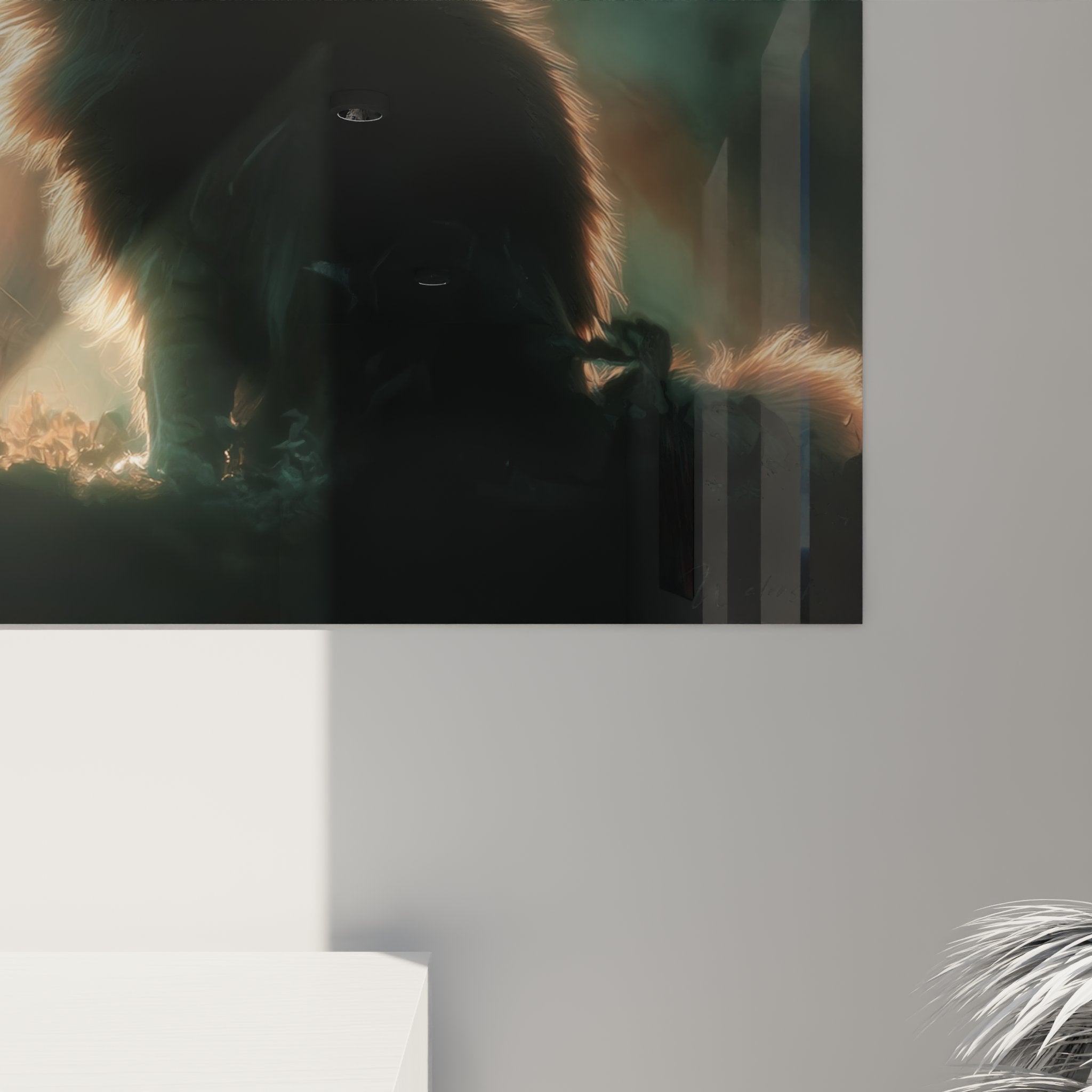 Vue ensemble tableau chat sibérien silhouette lumineuse décoration salon moderne art mural félin haut de gamme