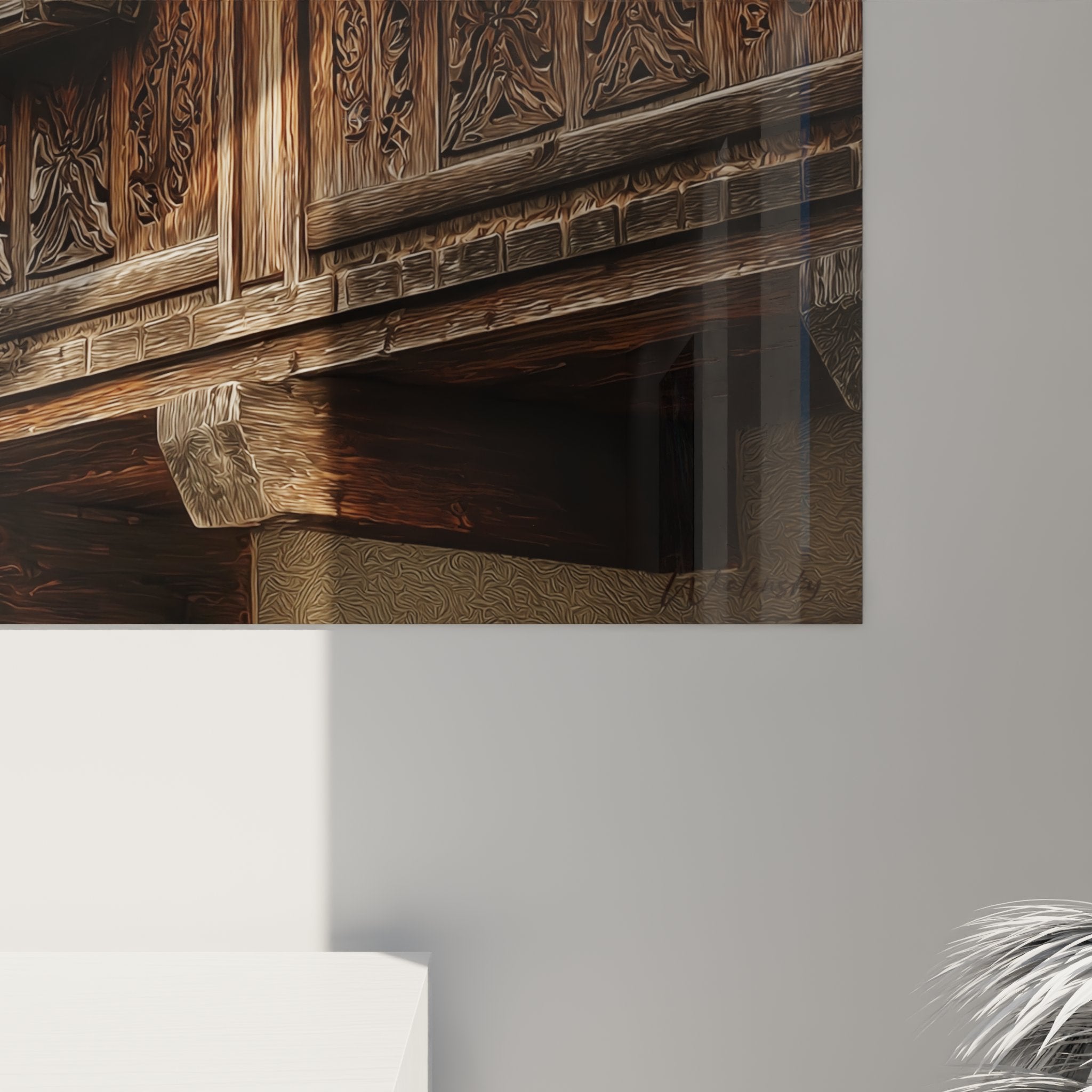 Overview of Savoyard architecture artwork, balconies adorned with red flowers, mountain chalet style