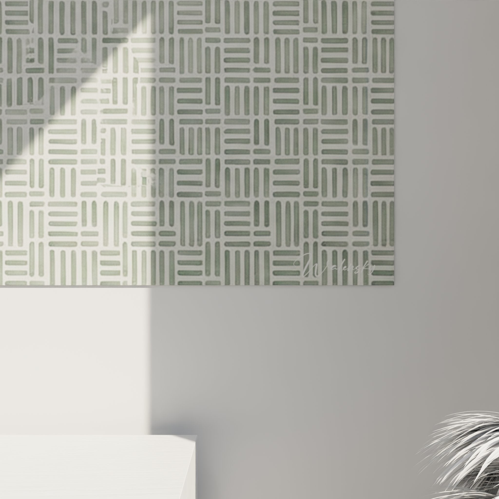 Vista d'insieme quadro arte geometrica verde decorazione murale contemporanea motivi zen