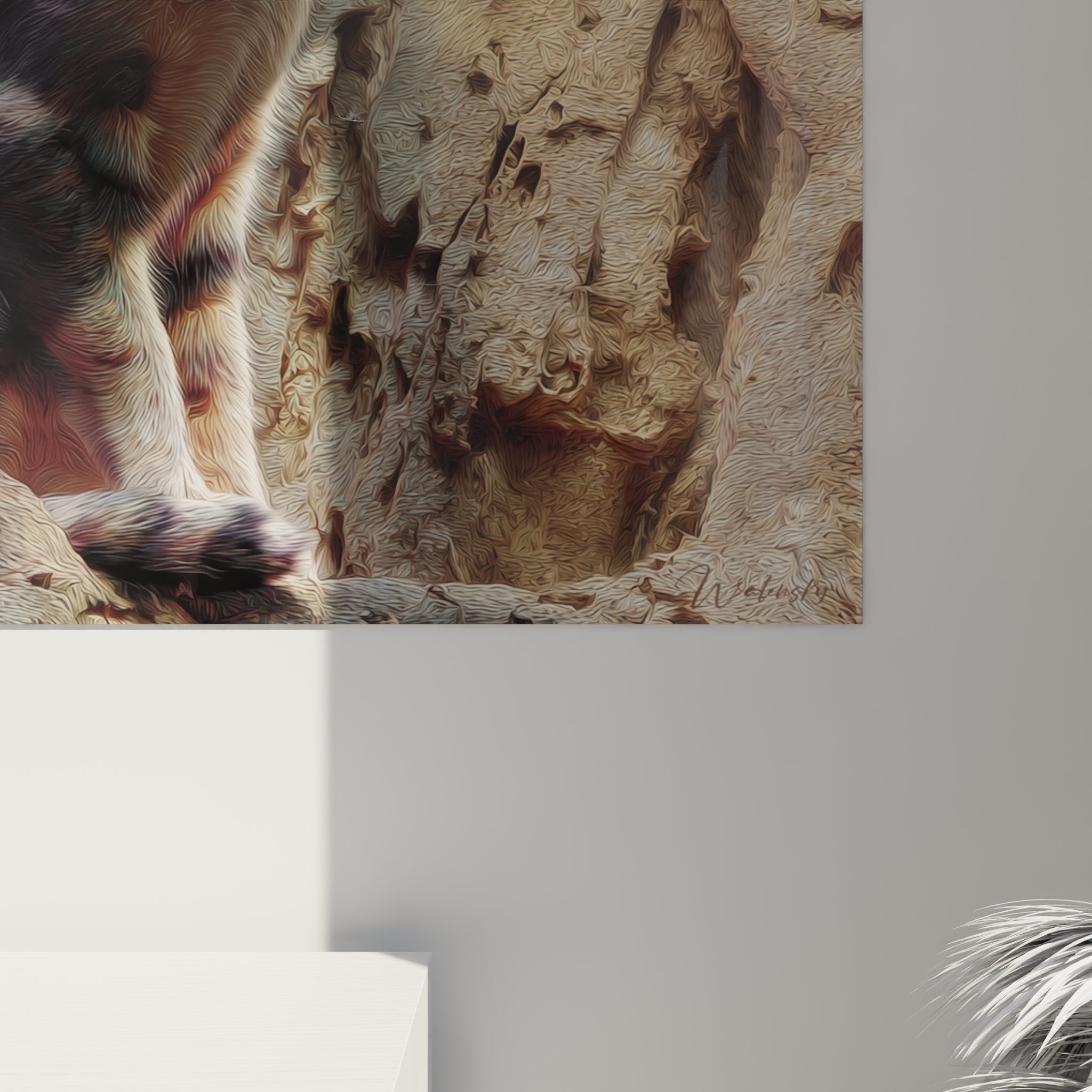 Panoramica del quadro murale gatto Sokoke in un interno moderno, arte decorativa felina