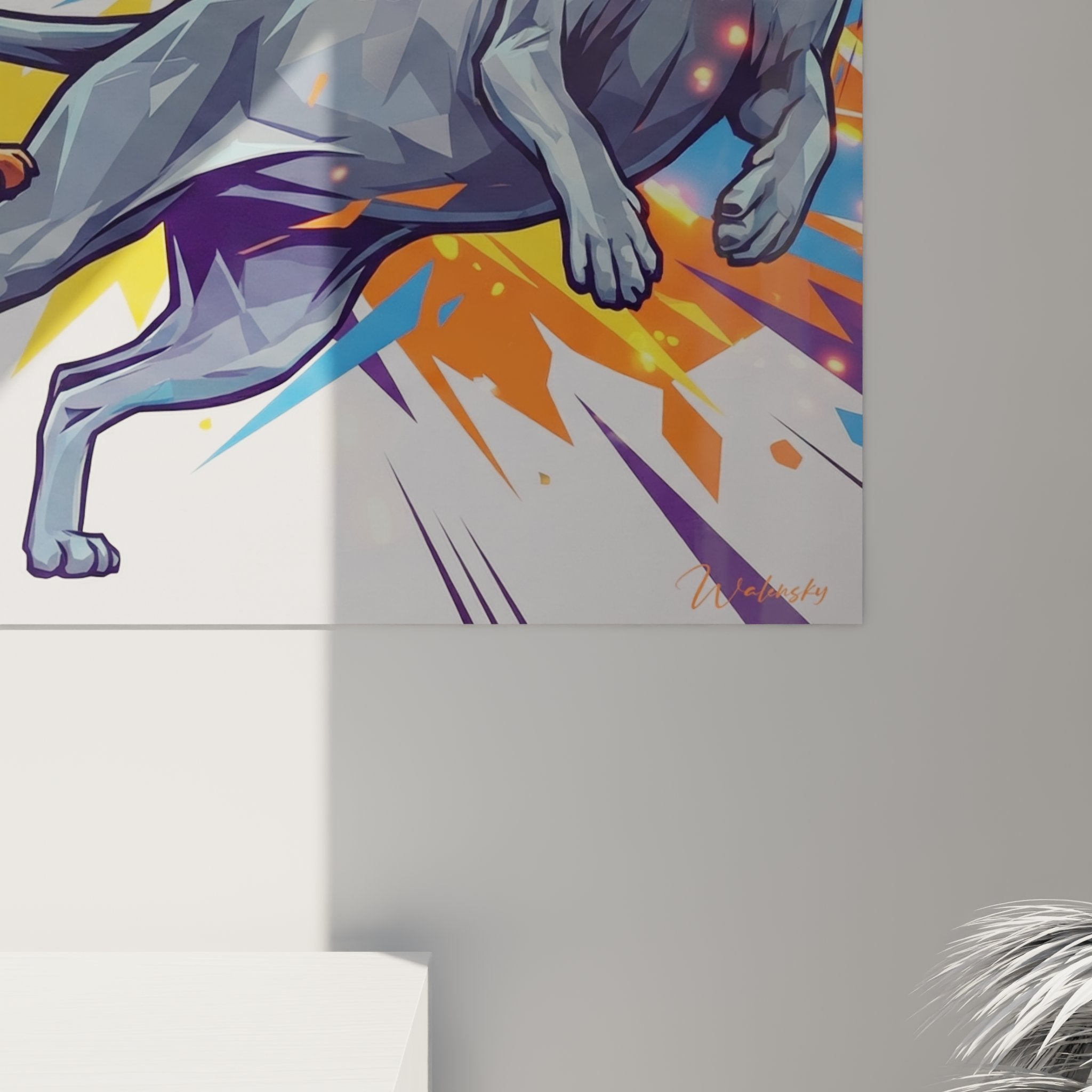 Vista d'insieme quadro murale gatti Peterbald dinamici, arte contemporanea felina, tavolozza multicolore