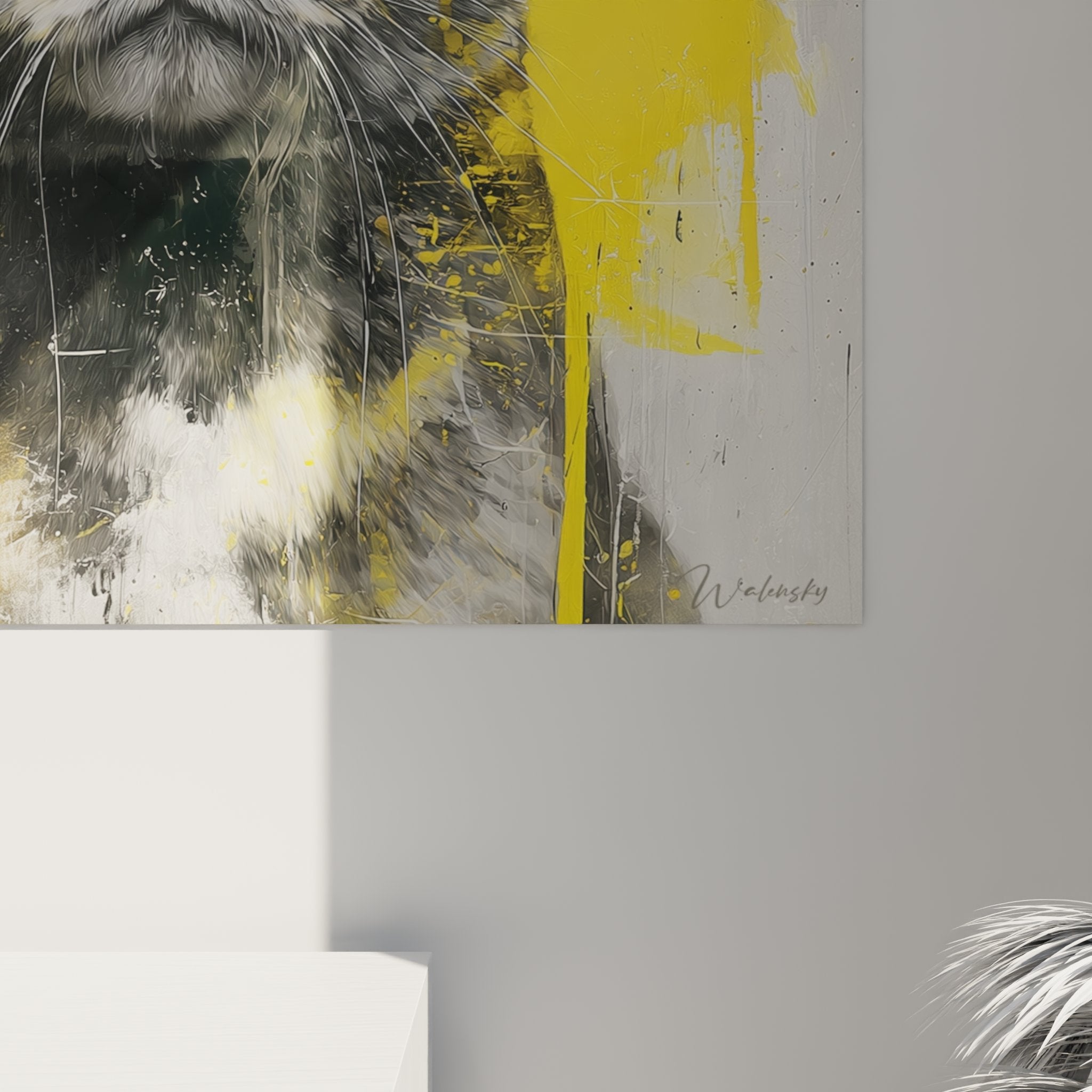 Vue d'ensemble tableau mural chat American Shorthair art contemporain jaune gris decoration
