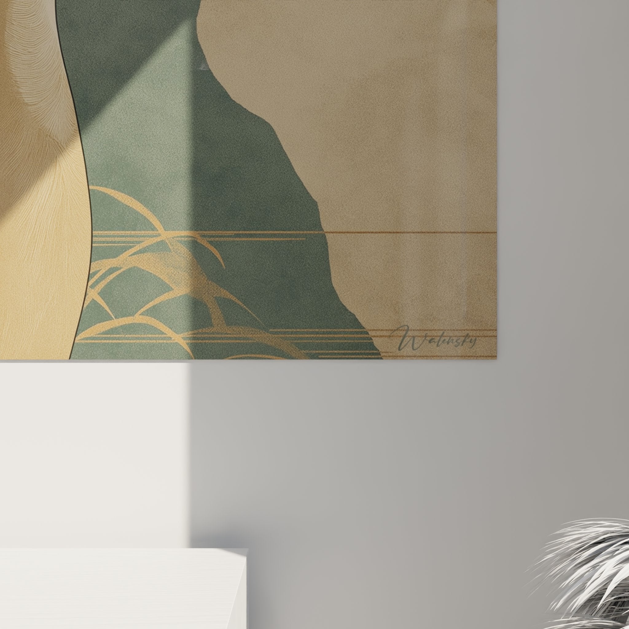 Vista d'insieme quadro murale gatto abissino, composizione armoniosa con toni naturali e fogliame