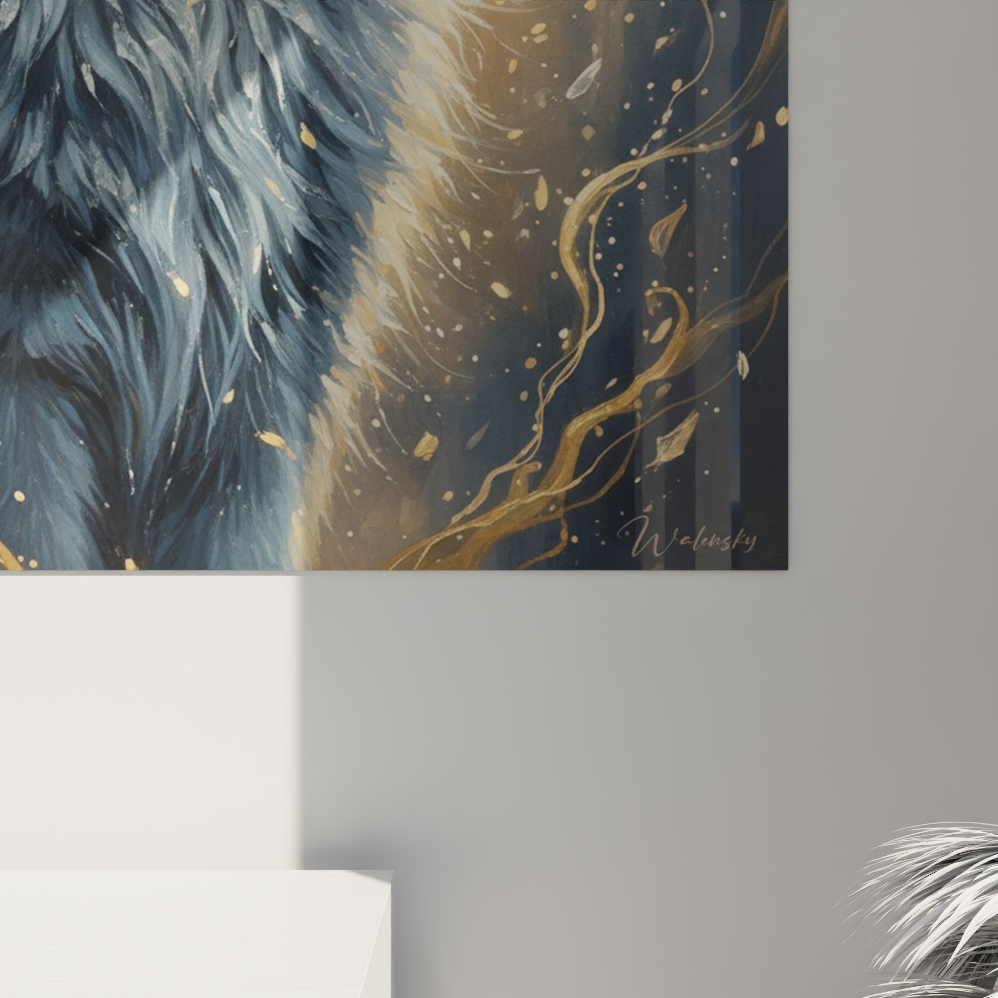 Vue d'ensemble du tableau chat Nebelung mystique présenté dans un intérieur contemporain et raffiné