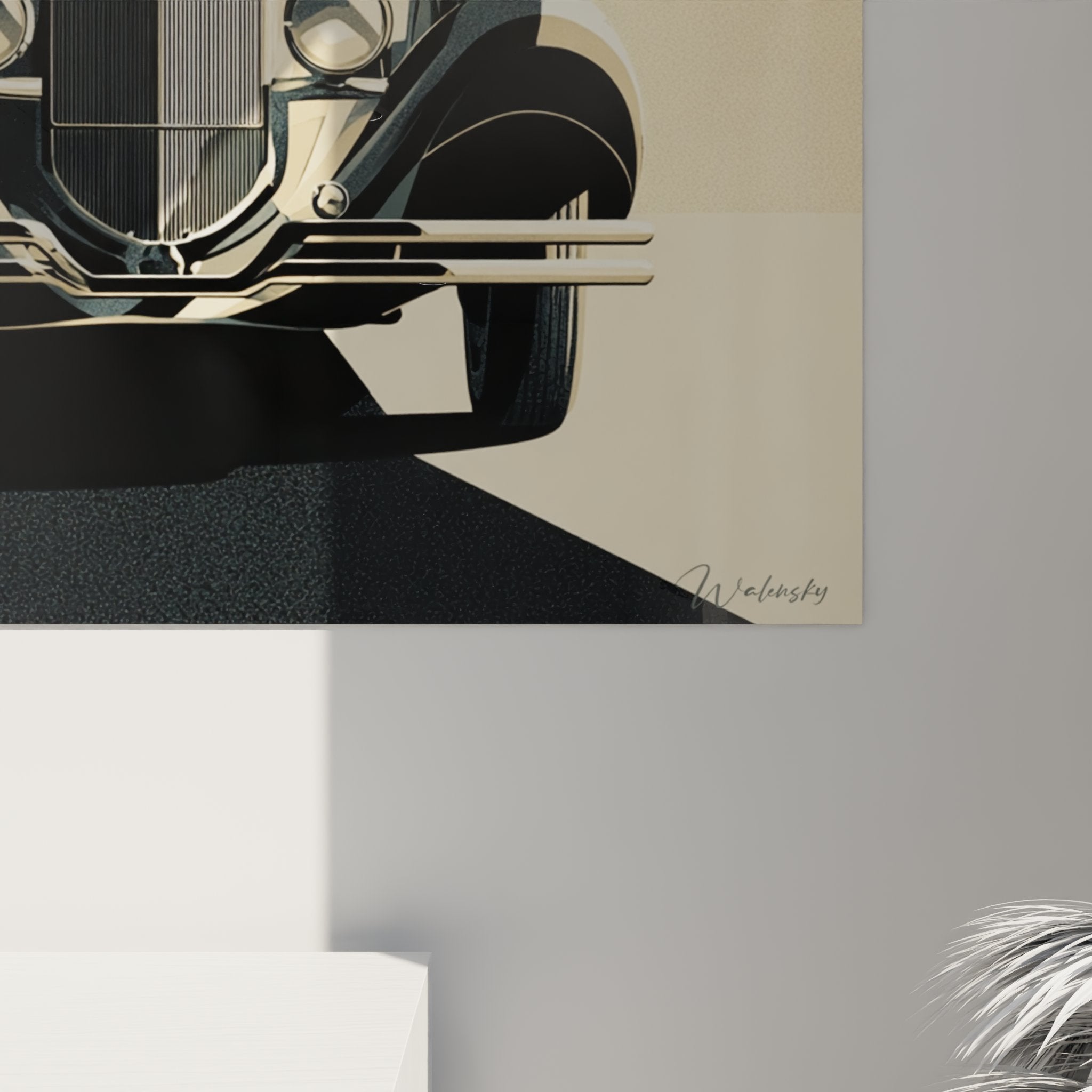 Vista completa quadro murale automobilistico Art Deco auto retrò su fondo geometrico raggi beige grigio