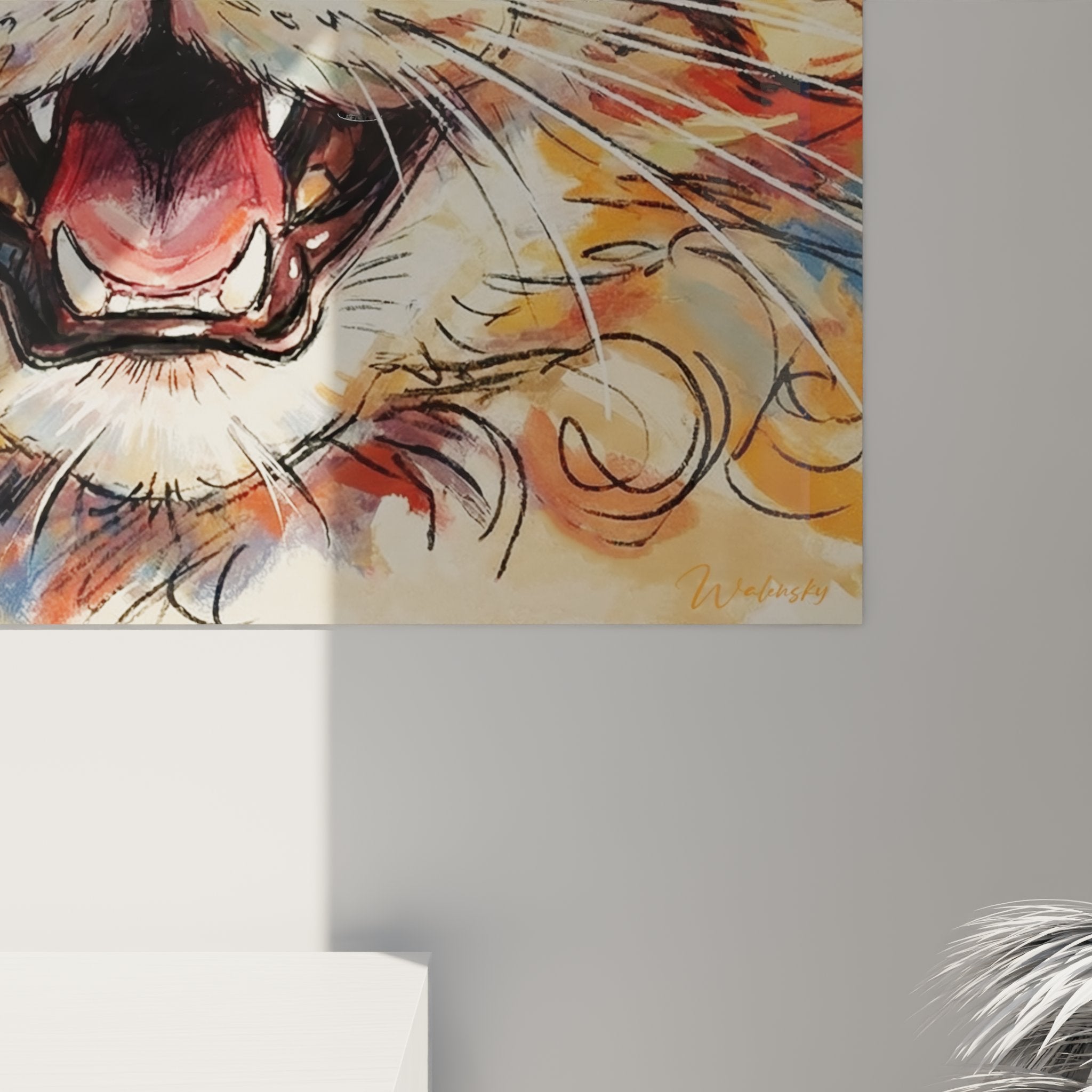 Overview of the expressive Laperm cat wall art in an elegant contemporary interior