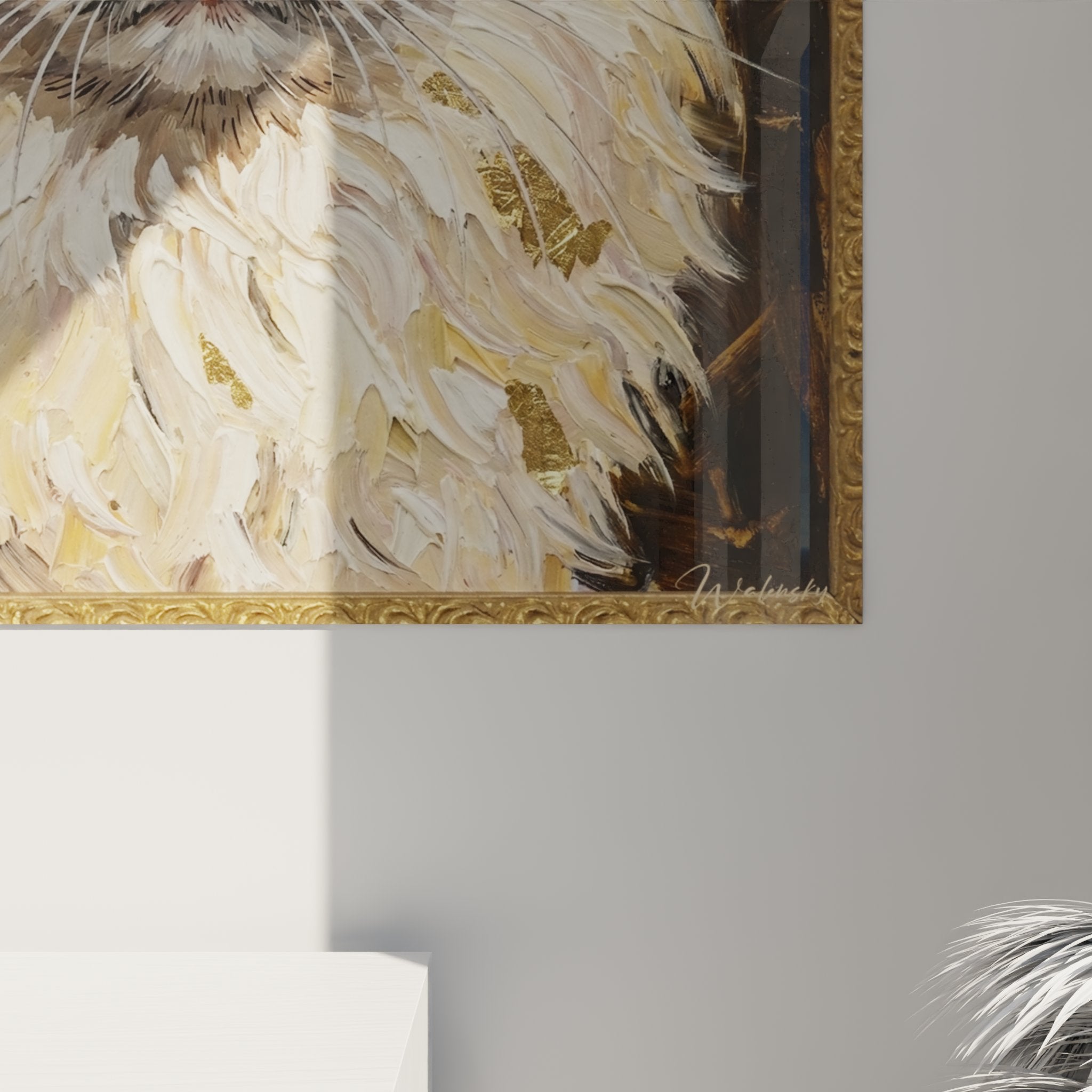 Vue d'ensemble tableau mural chat Himalayan dans salon contemporain avec éclairage naturel