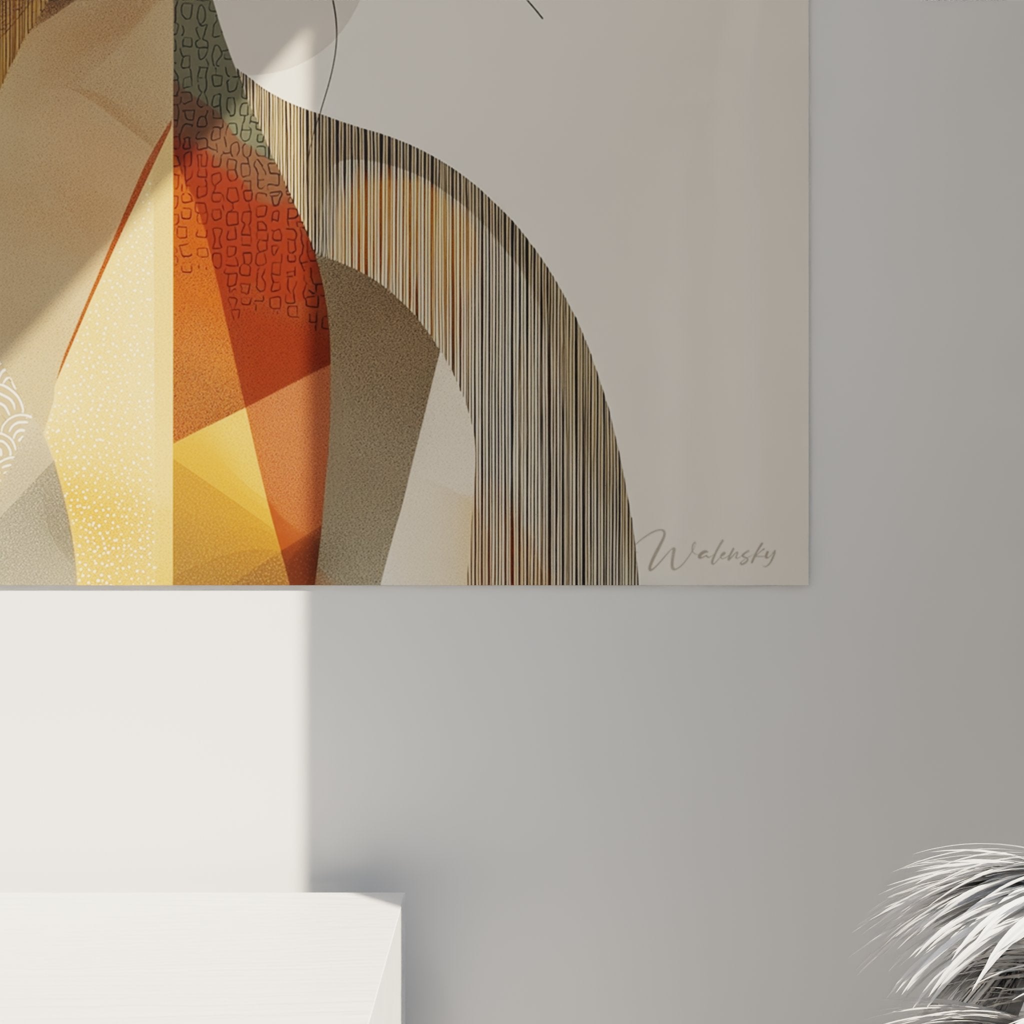 Vue d'ensemble tableau chat Singapura géométrique, composition artistique moderne aux formes cubistes et tons terreux