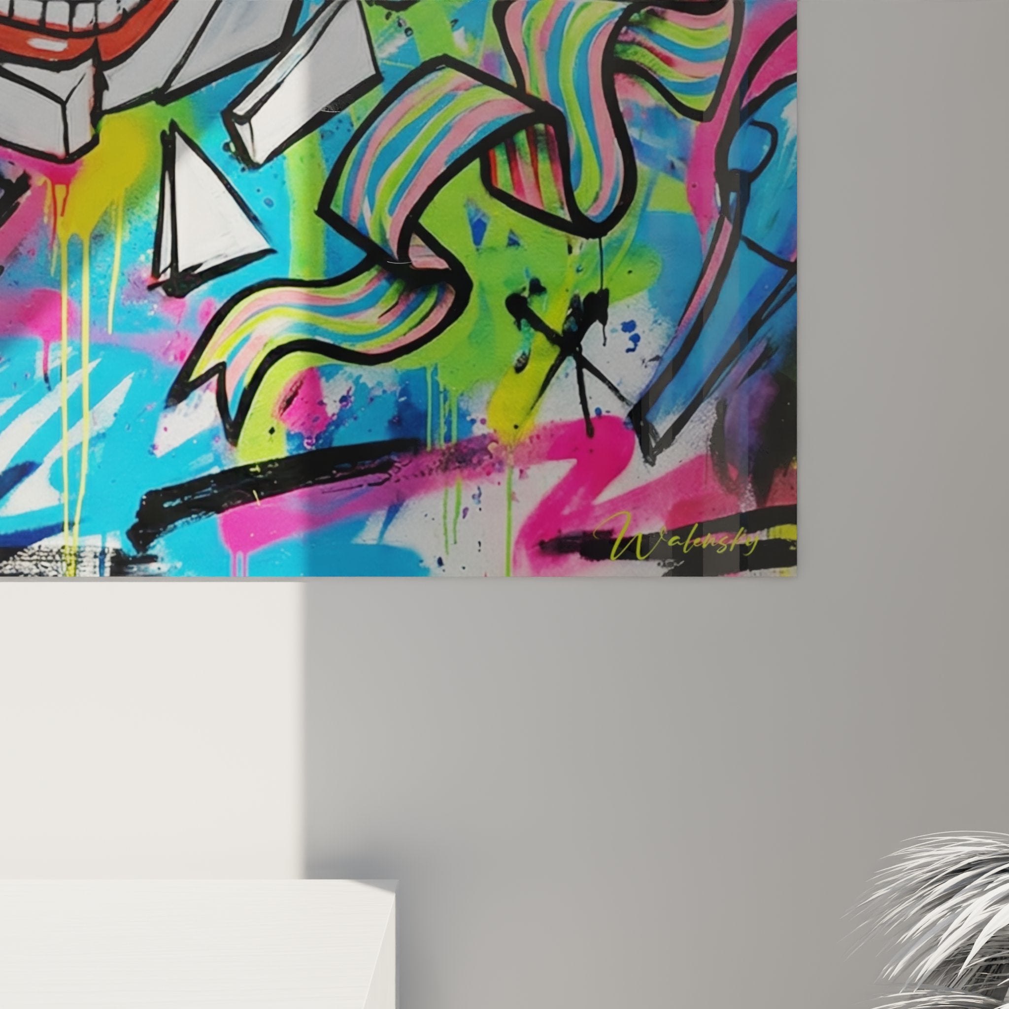 Vue ensemble tableau mural clown street art avec technique mixte spray et pinceau style urbain moderne