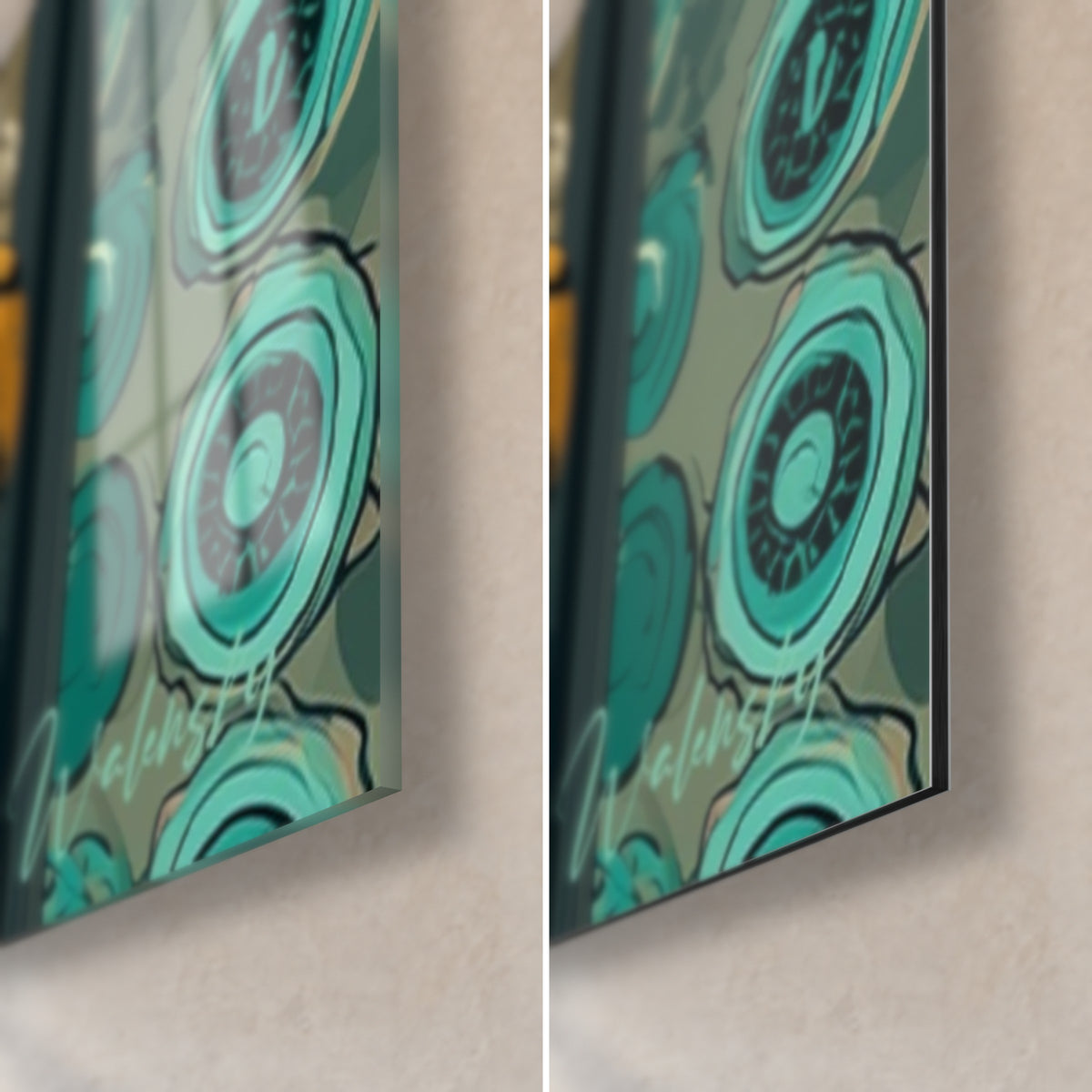 Tableau serval orientaliste, coin bas droit : médaillon turquoise, verre acrylique brillant à gauche, Dibond mat à droite, tranche 3 mm