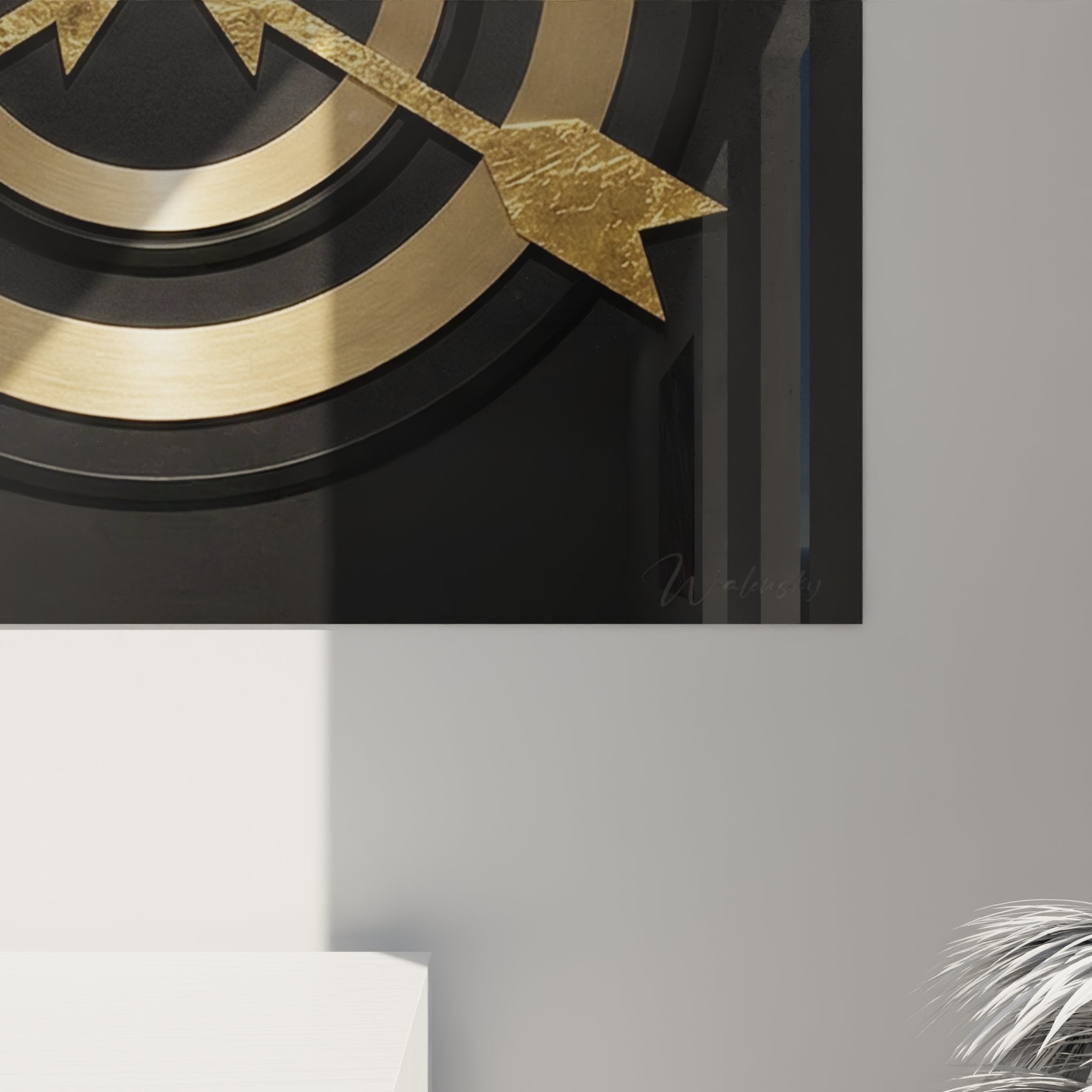 Vue d'ensemble tableau cible tir à l'arc doré, décoration murale moderne et sophistiquée