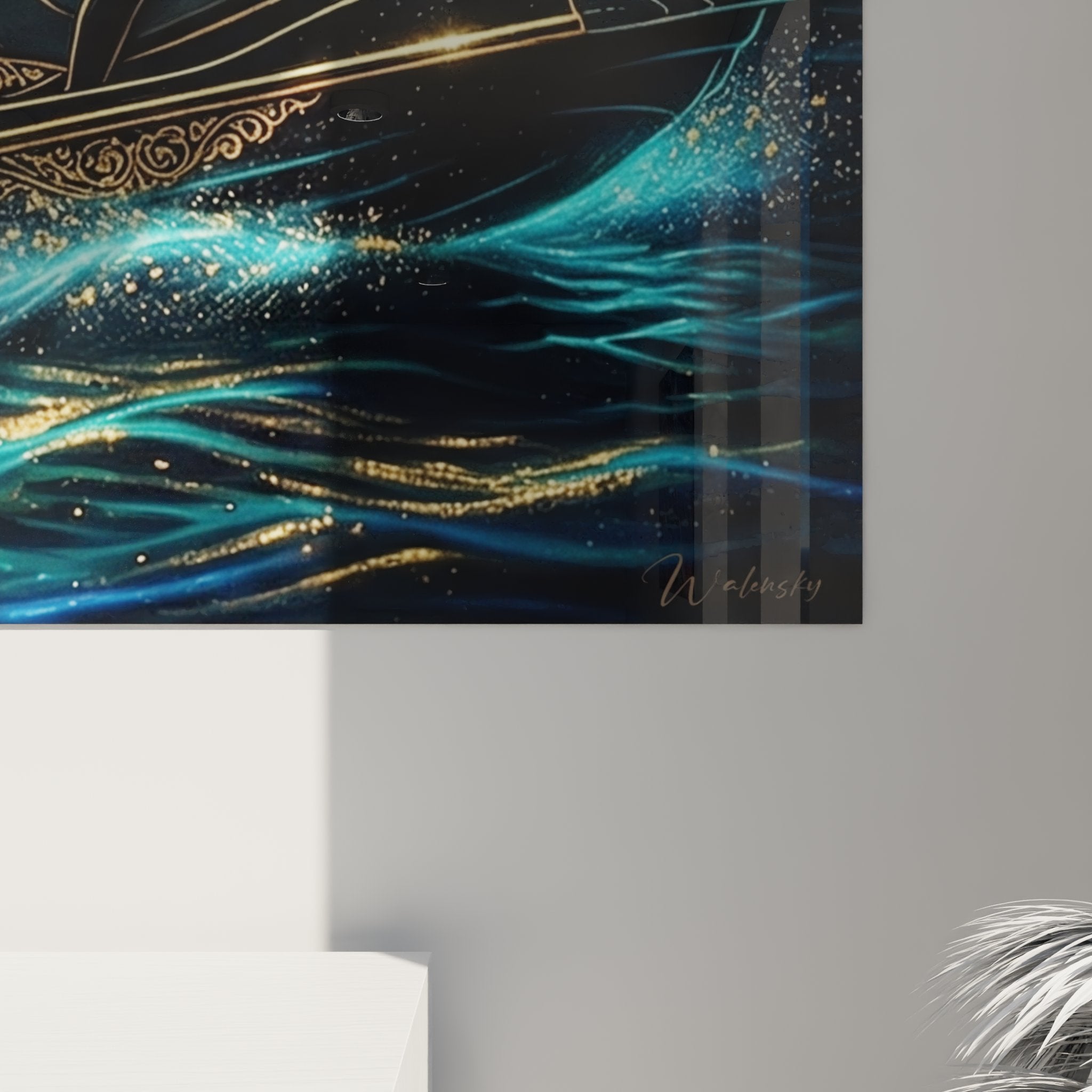 Vue d'ensemble tableau mural jetski doré dans intérieur moderne avec éclairage d'ambiance