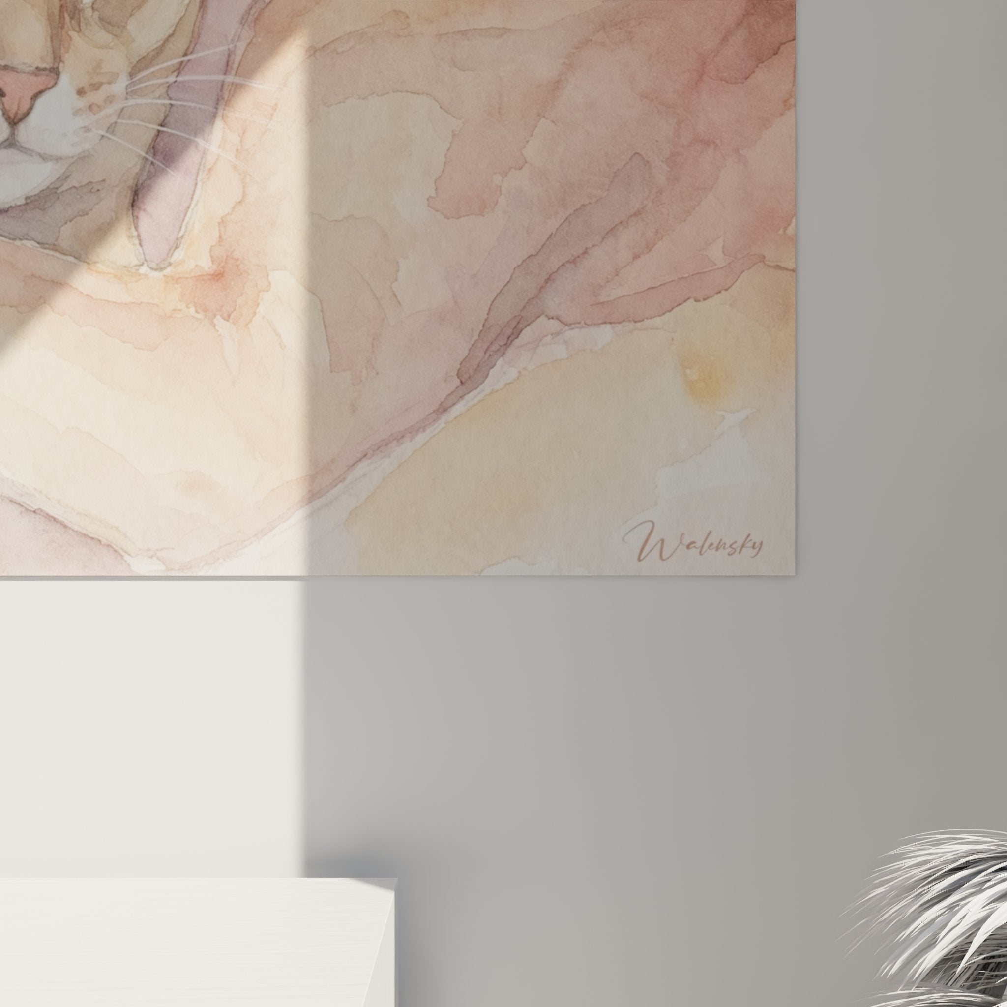 Vista generale quadro murale gatti abissini acquerello in interiore decorativo contemporaneo