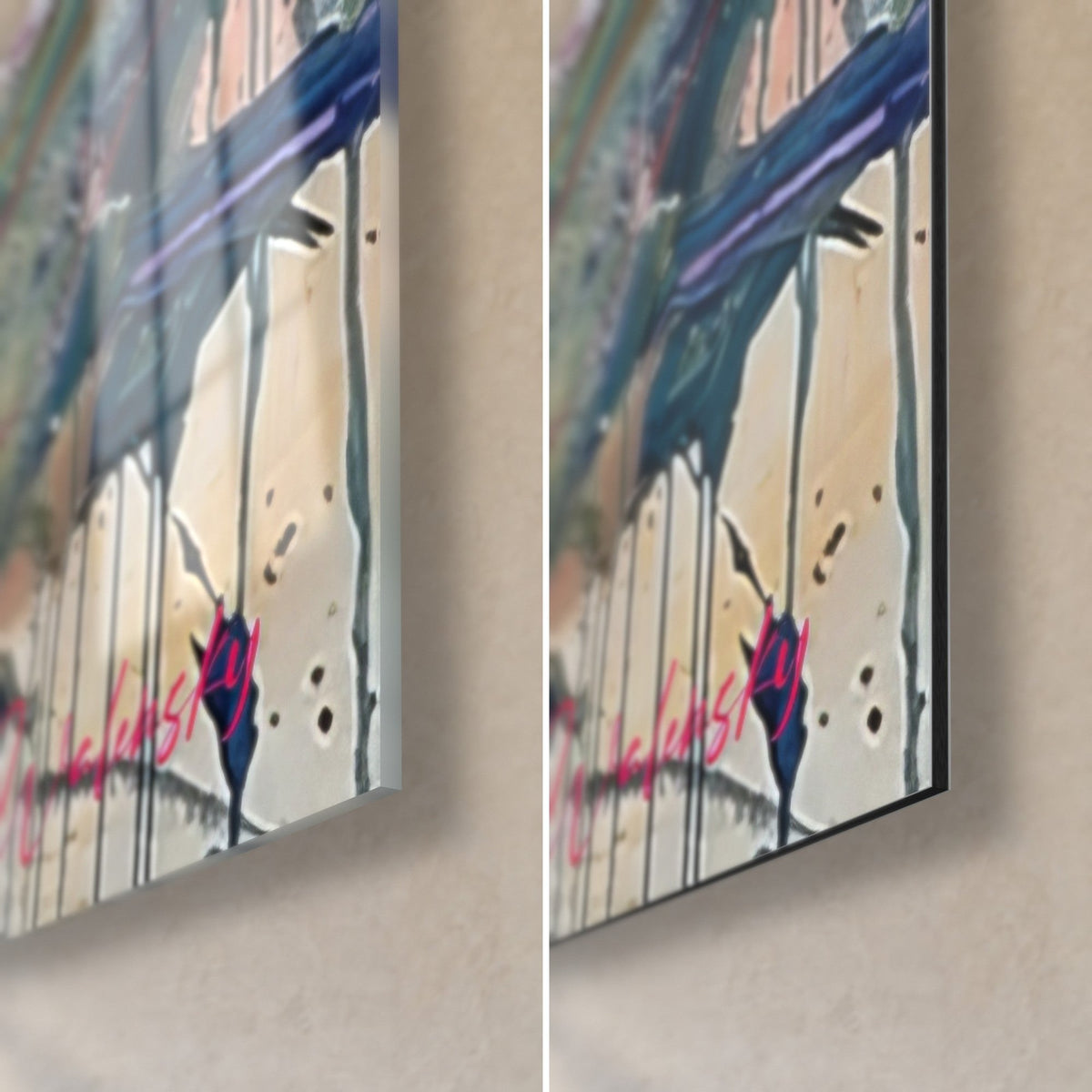 Gemälde BMX-Fahrer mit Beinprothese, untere rechte Ecke mit marineblauen und rosa Laufspuren, glänzendes Glas links, matte Dibond-Alu rechts