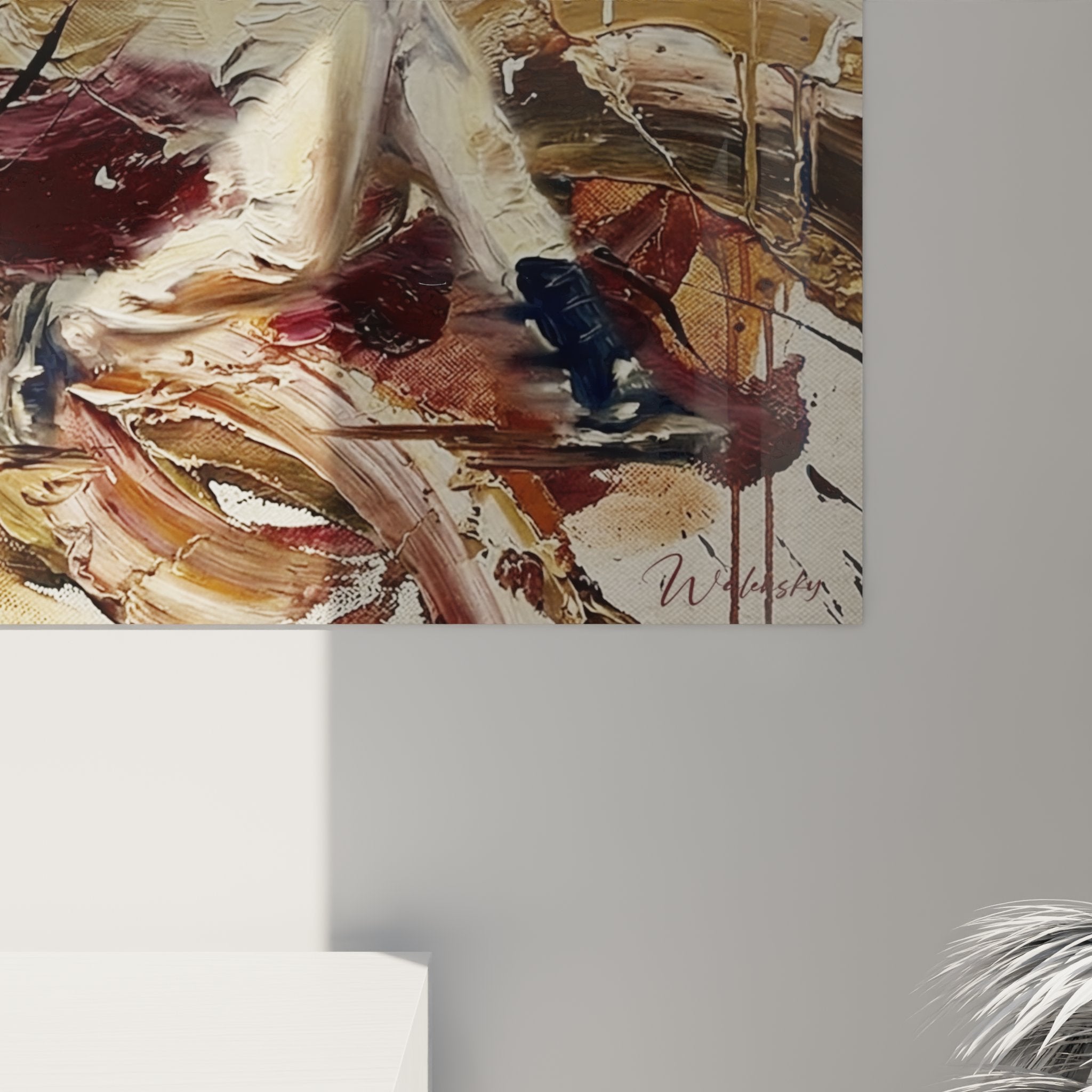 Vista d'insieme quadro baseball astratto decorativo murale colori caldi contemporaneo