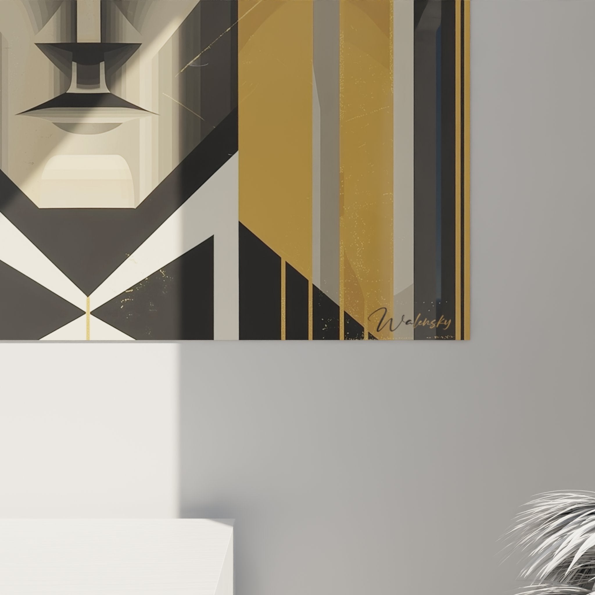 Overview of portrait art deco wall art with its golden vertical lines and geometric composition