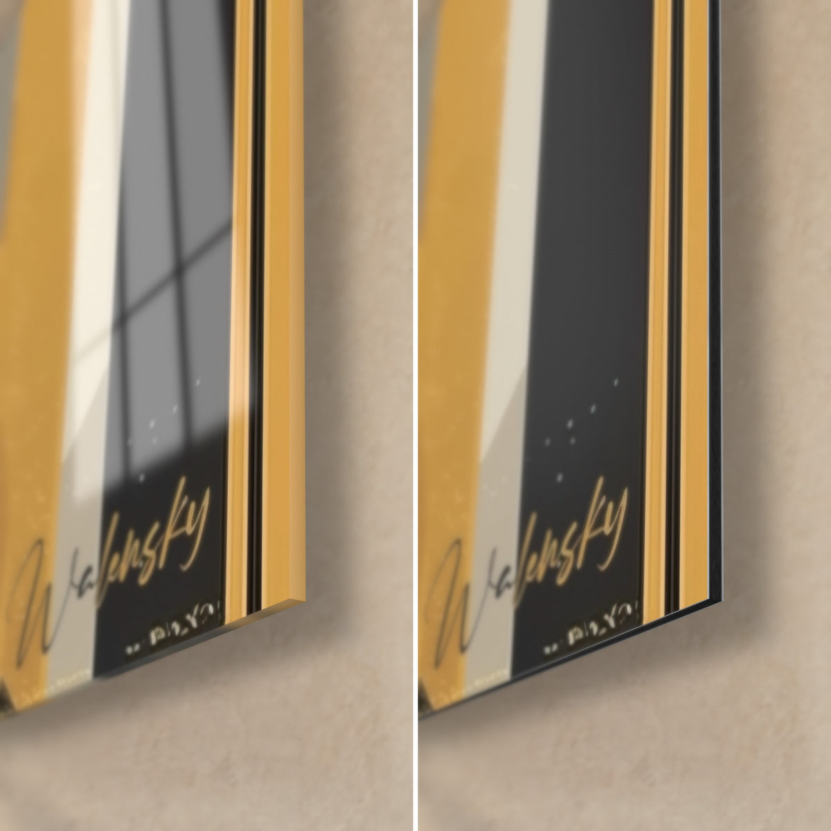 Cuadro efigie Art déco en oro y negro, esquina inferior derecha: cristal brillante a la izquierda, Dibond mate a la derecha, canto de 3 mm