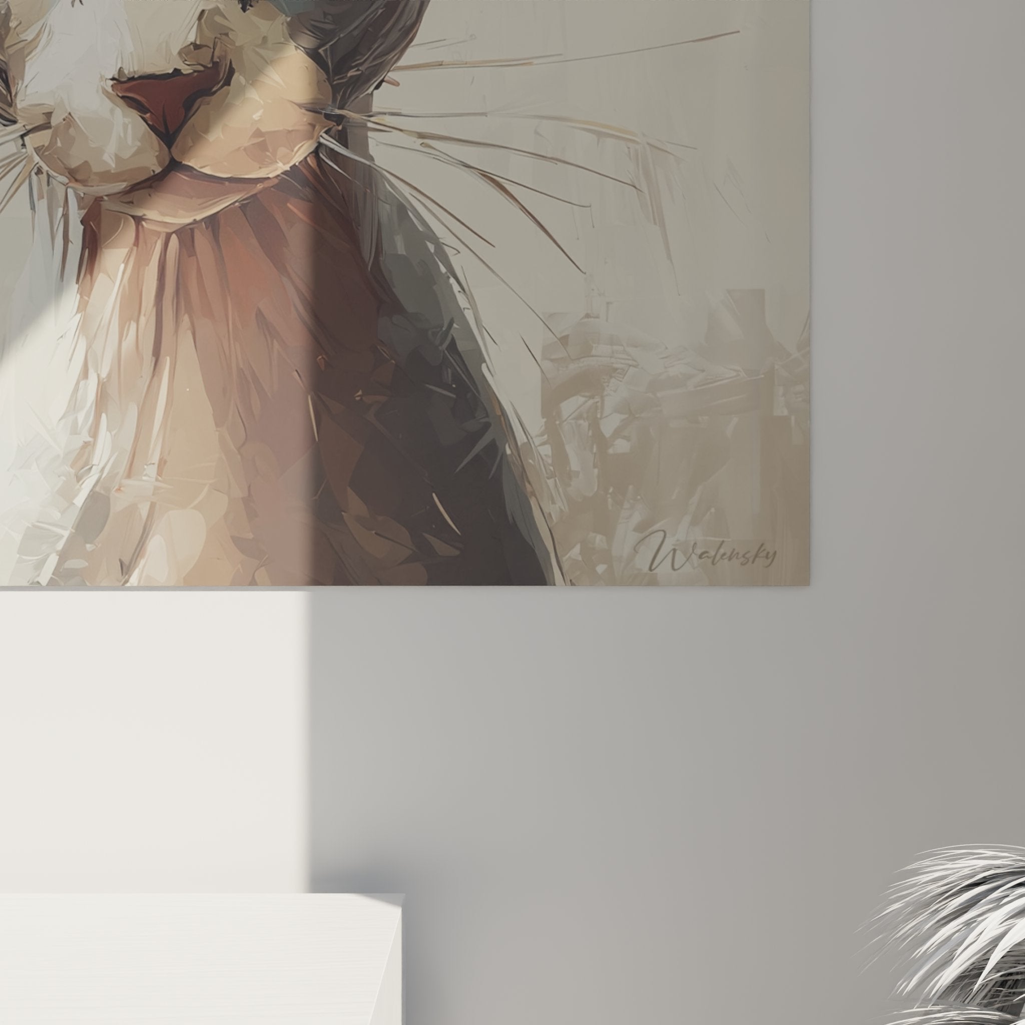 Vista d'insieme del quadro gatto Sphynx in un interno contemporaneo, valorizzazione decorativa