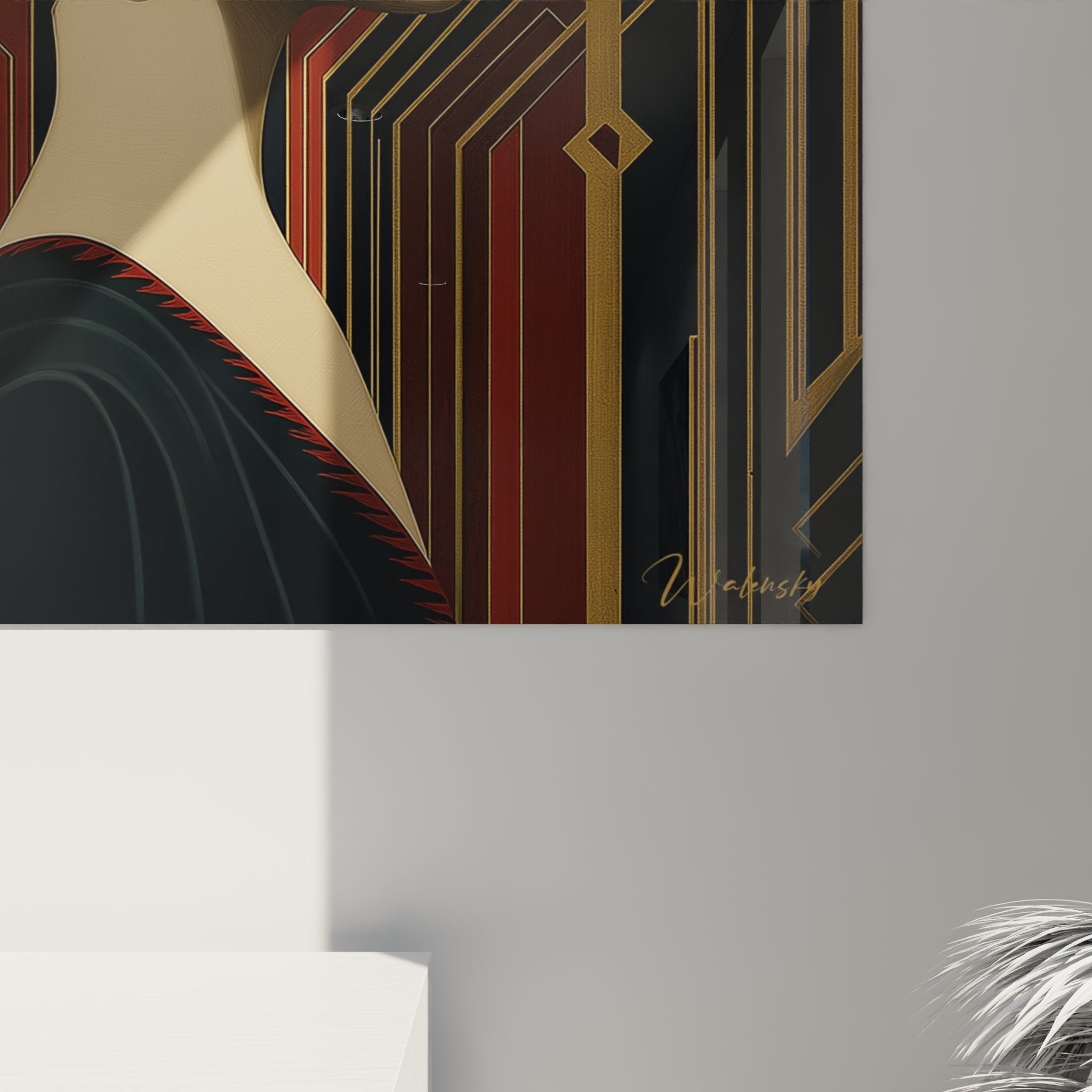 Vista d'insieme quadro murale Art déco, composizione geometrica con ritratto femminile e alone luminoso dorato