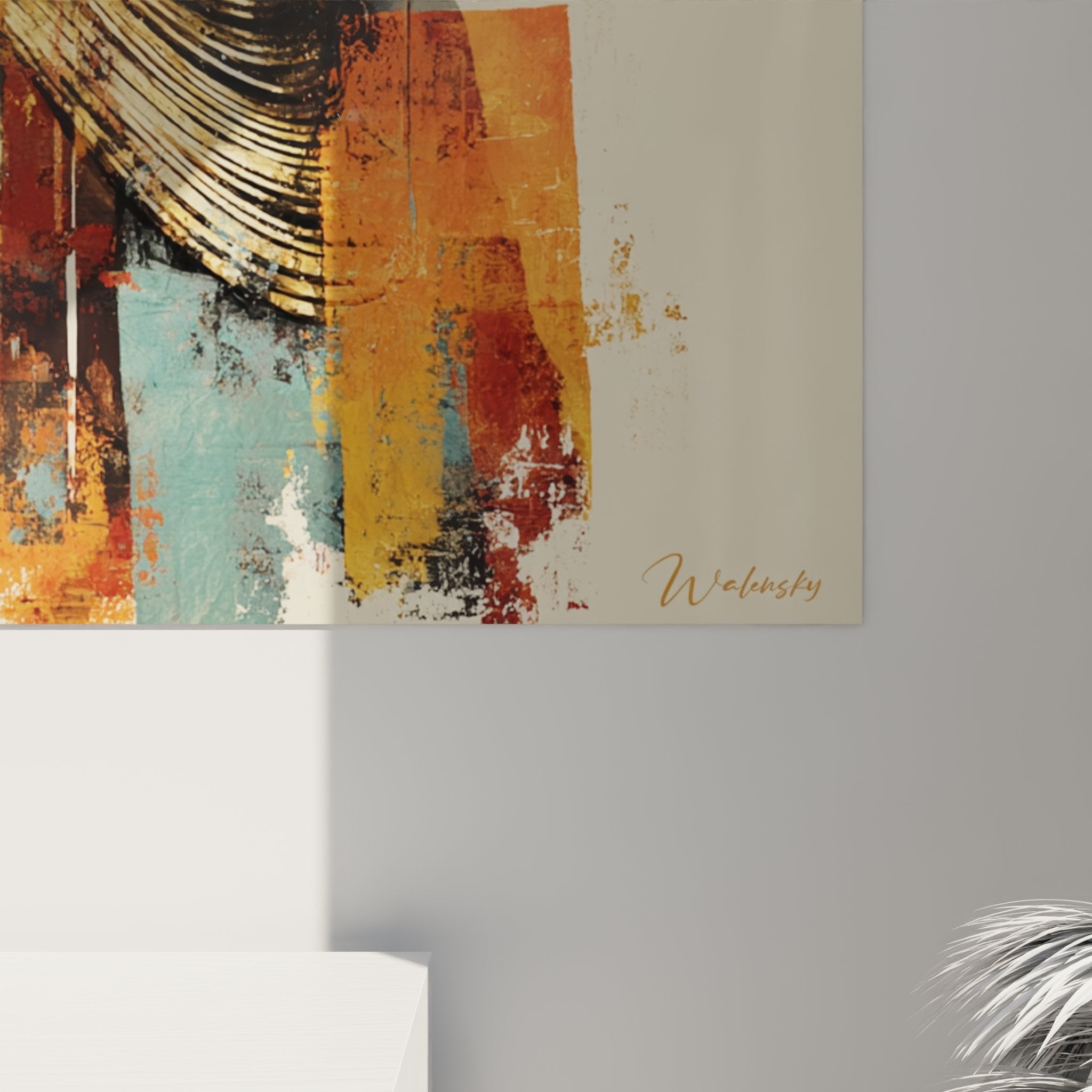 Vista d'insieme del quadro ritratto donna africana in un interno contemporaneo e luminoso