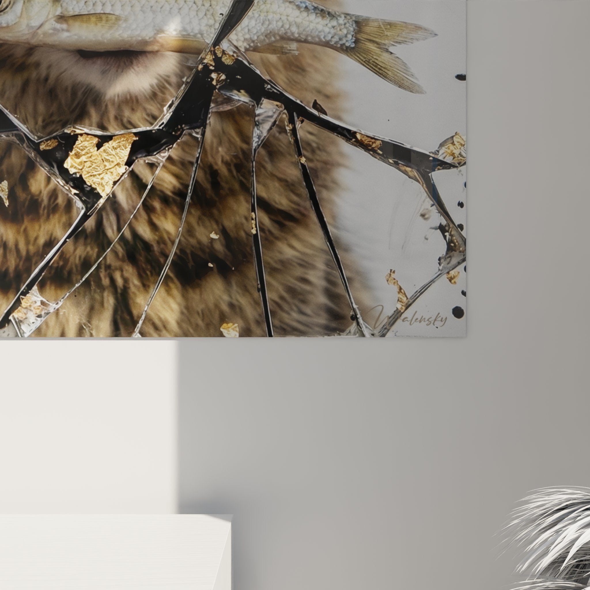 Kurilian Bobtail cat wall art overall view artistic composition shattered mirror interior decoration