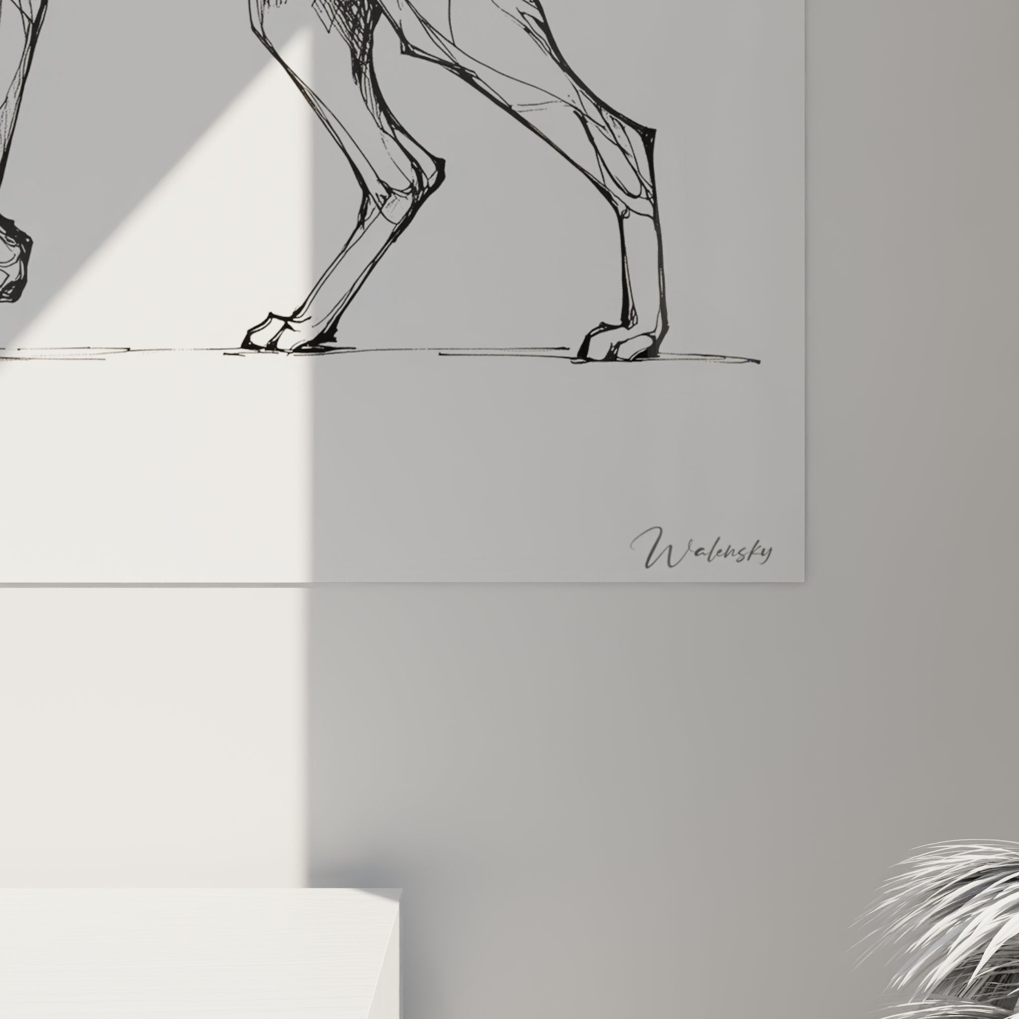 Gesamtansicht Katzenbild Serengeti Skizze, minimalistische Wandkunst Schwarz Weiß in zeitgenössischem Interieur