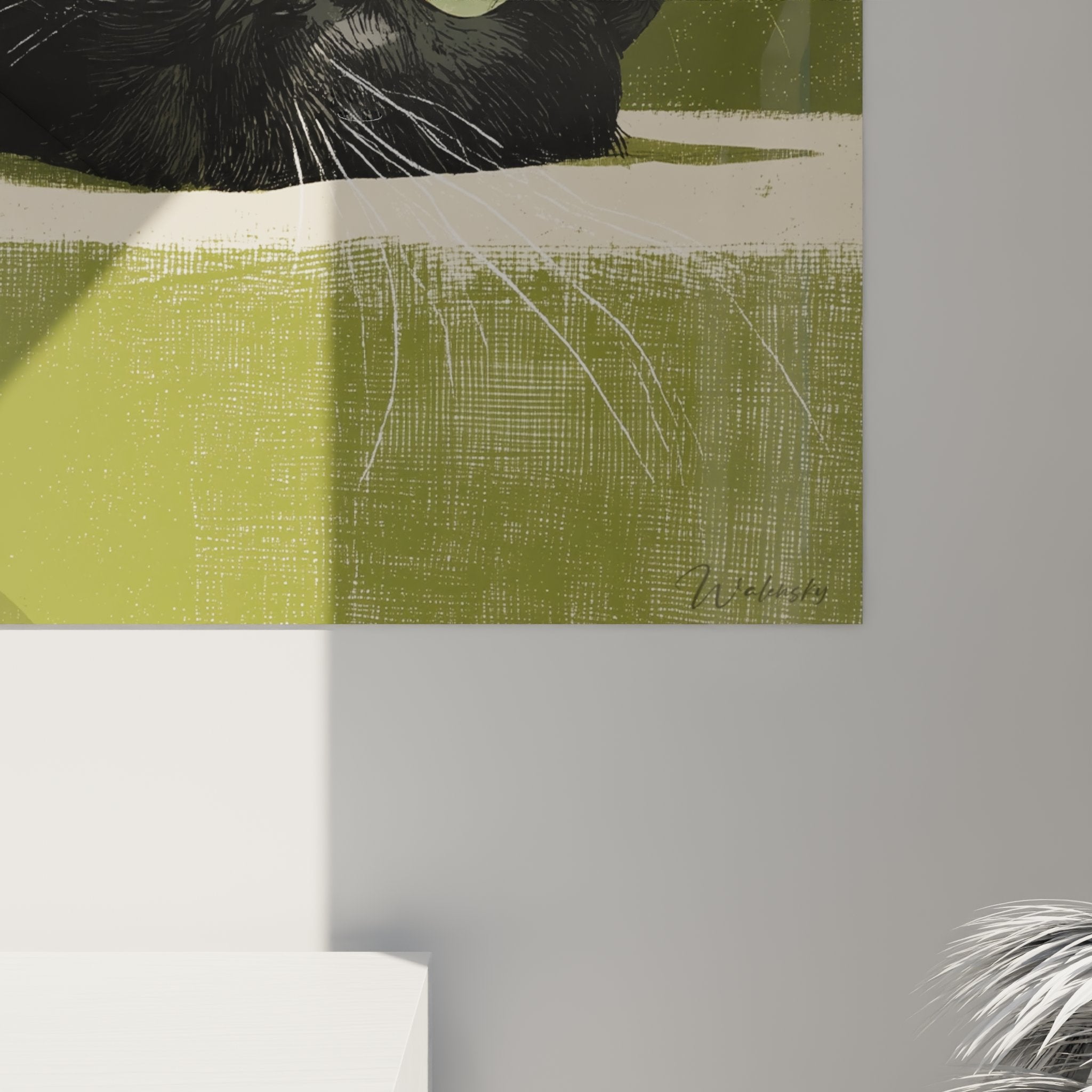 Vue d'ensemble du tableau chat Bombay noir aux yeux verts dans un intérieur contemporain élégant