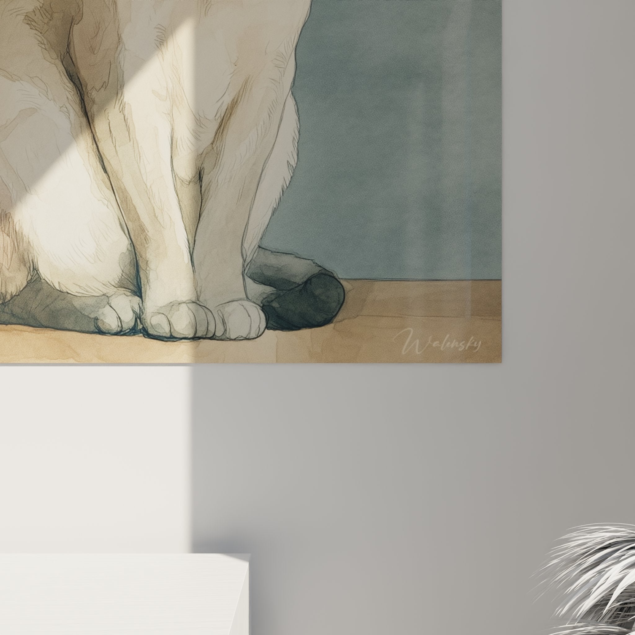 Panoramica del quadro gatto tonchese in un interno contemporaneo, atmosfera zen e armoniosa