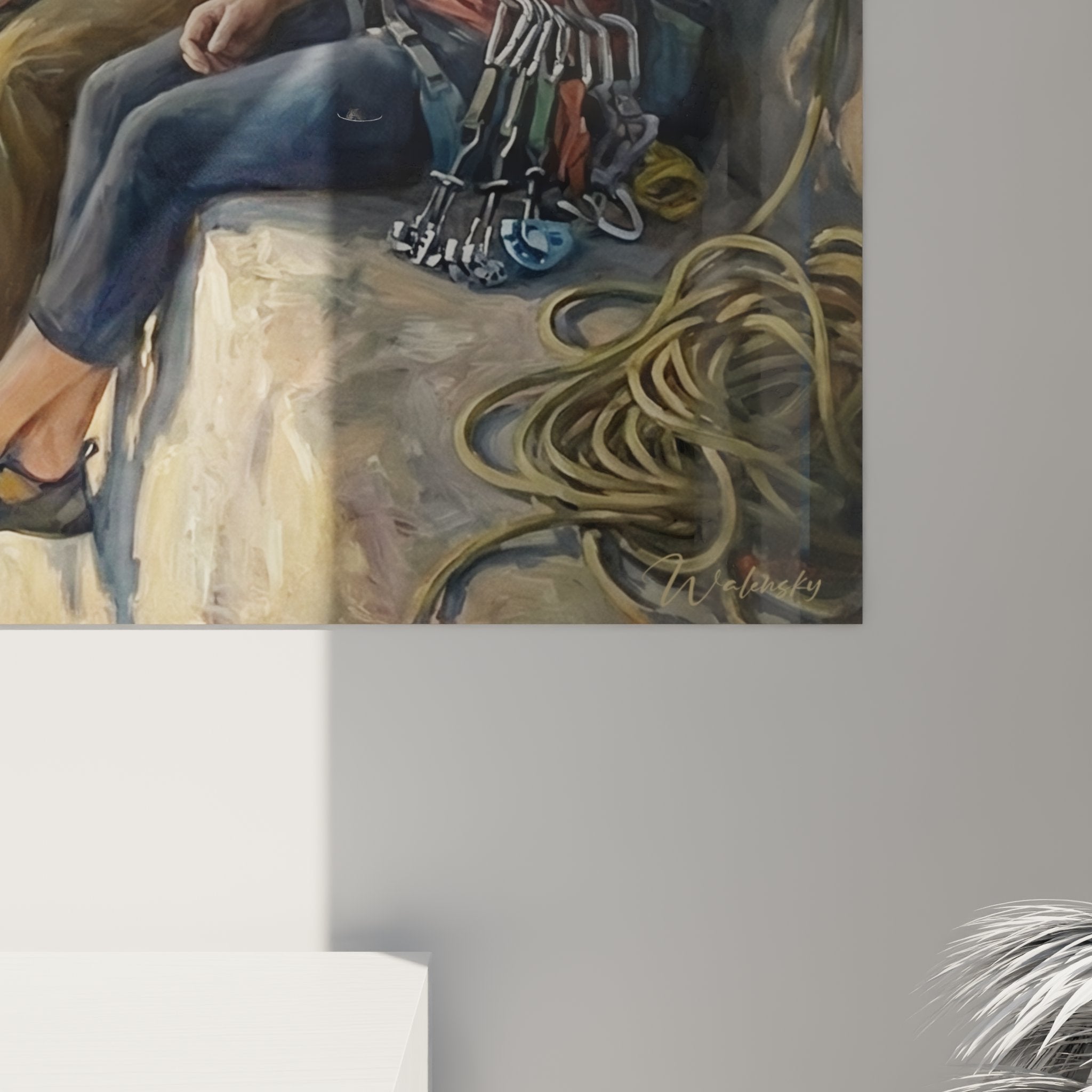 Overview wall art painting climbing with climbers resting facing the mountain panorama