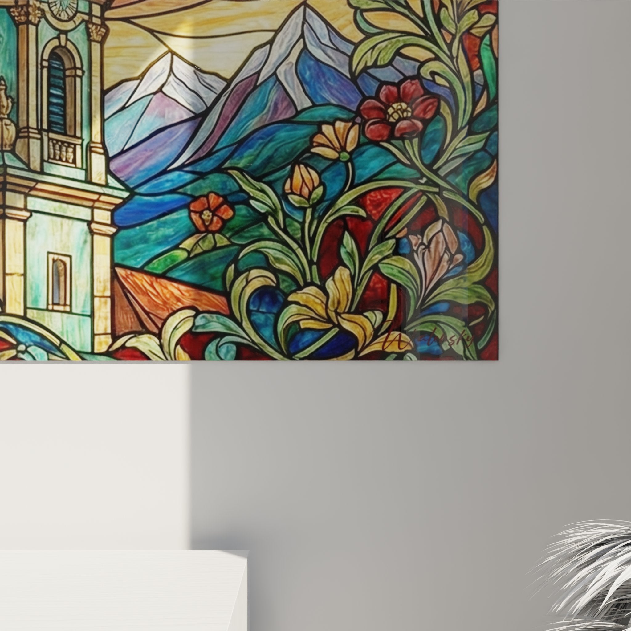 Vista d'insieme quadro murale chiesa alpina stile vetrata arte decorativa montagne ornamenti colorati