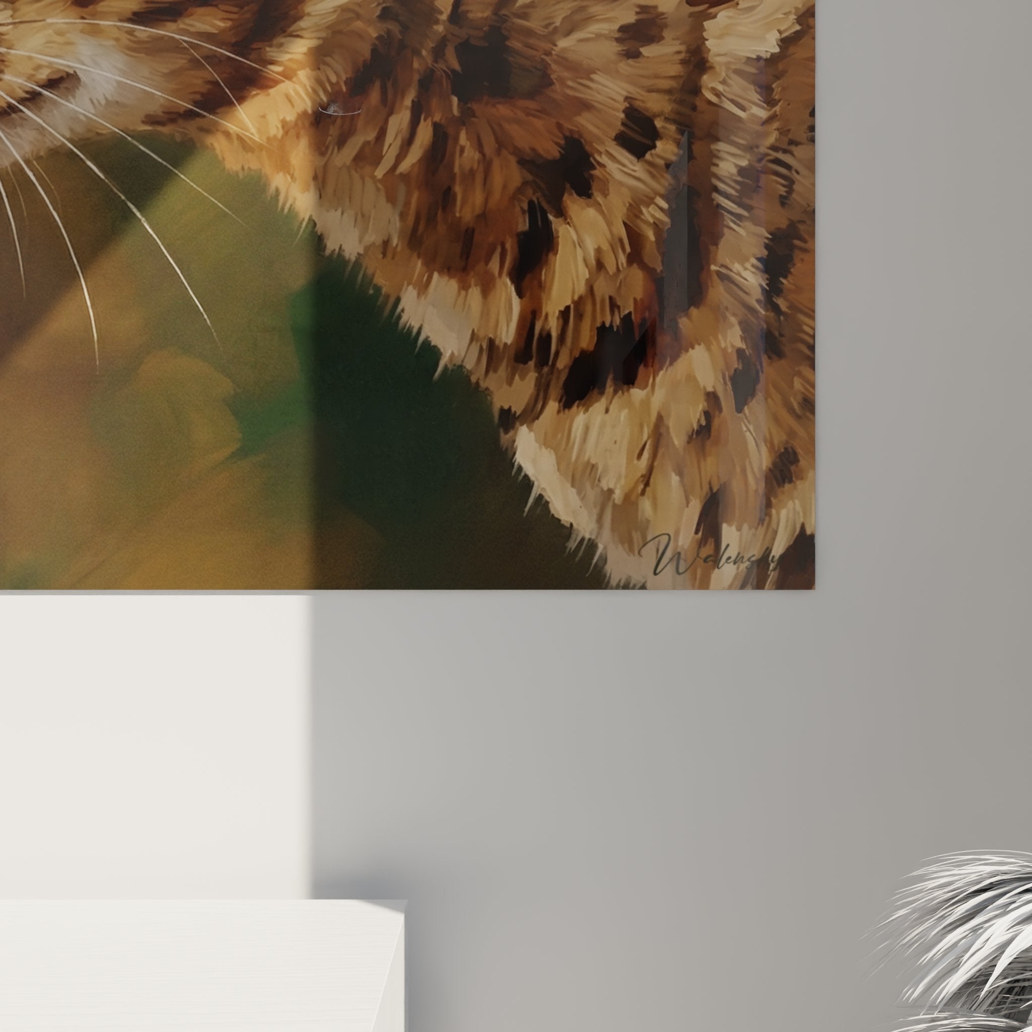 Vue ensemble tableau mural chat Ocicat portrait, cadre decoratif salon moderne art animalier contemporain elegant