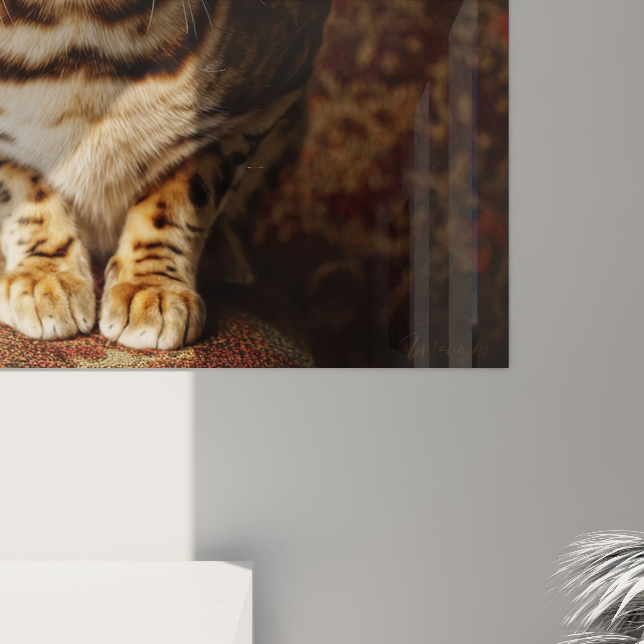 Vue d'ensemble du tableau chat Bengal dans un intérieur contemporain élégant et raffiné