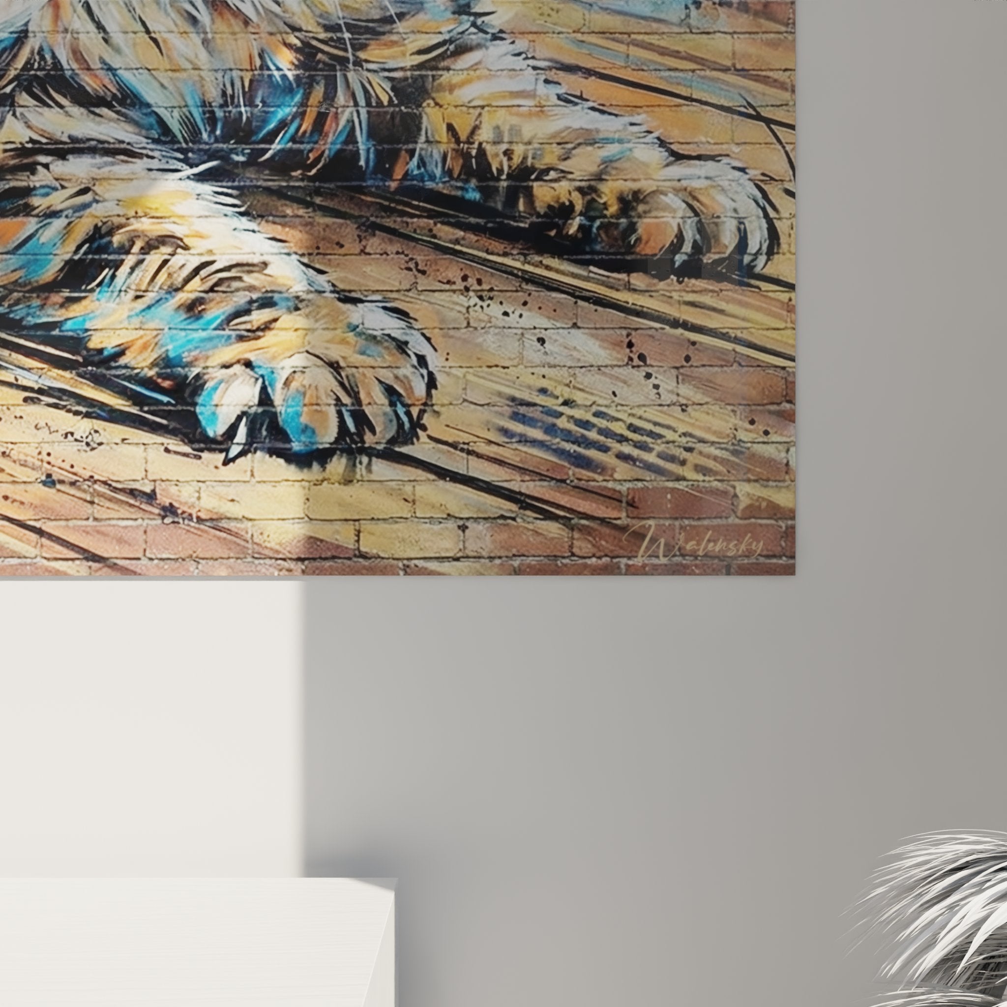 Overview of Persian cat street art painting on brick wall with lighting effects