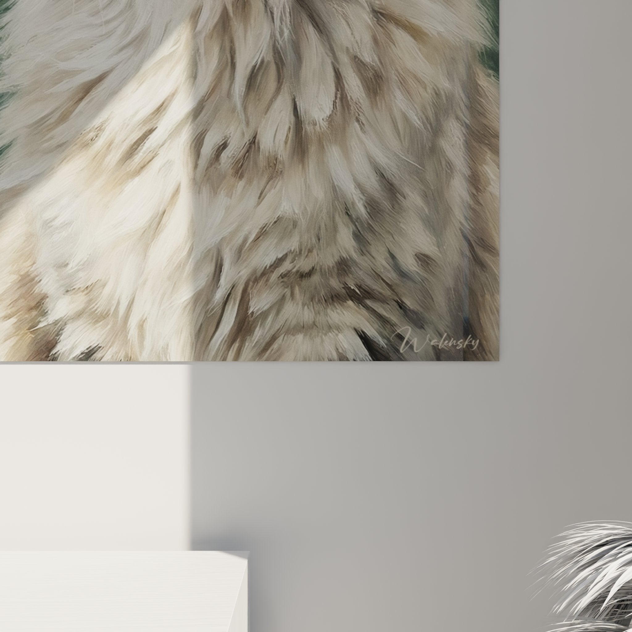 Vue d'ensemble tableau chat nordique Norwegian Forest Cat, format carré, décoration intérieure élégante