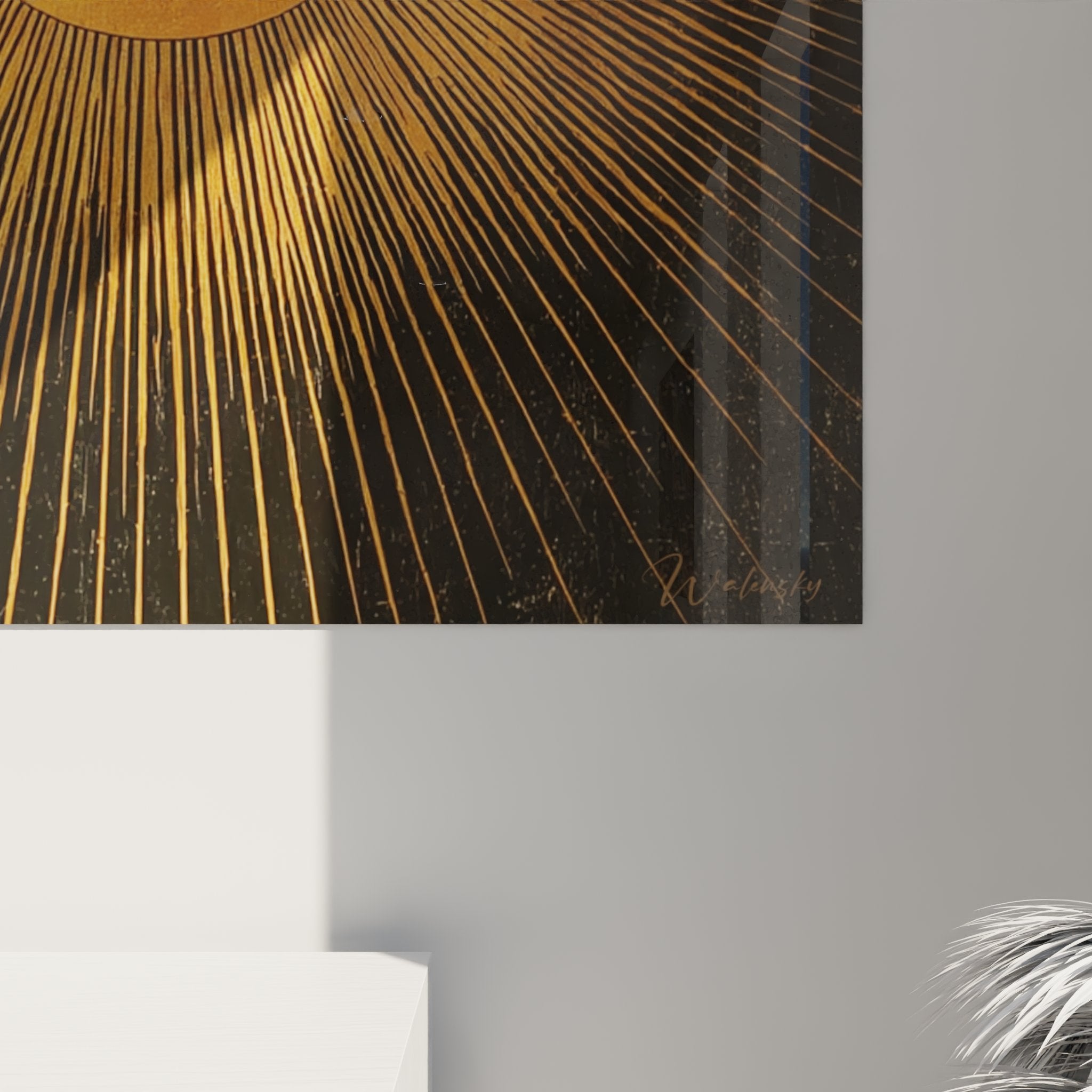 Vista d'insieme quadro paesaggio africano sole dorato, arte murale decorativa toni caldi dorati