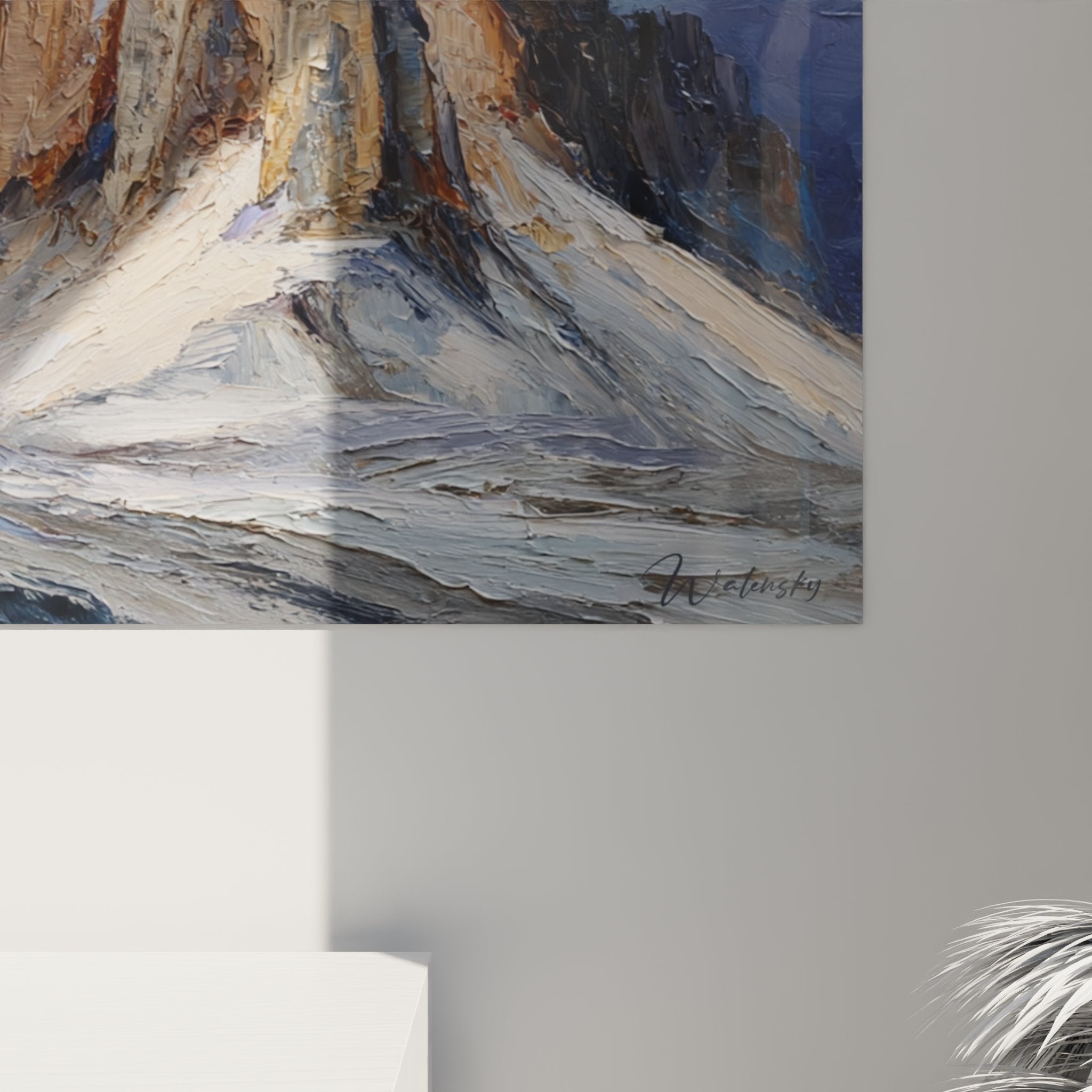 Vista d'insieme quadro Tre Cime di Lavaredo soggiorno decorazione murale pittura Dolomiti stile alpino