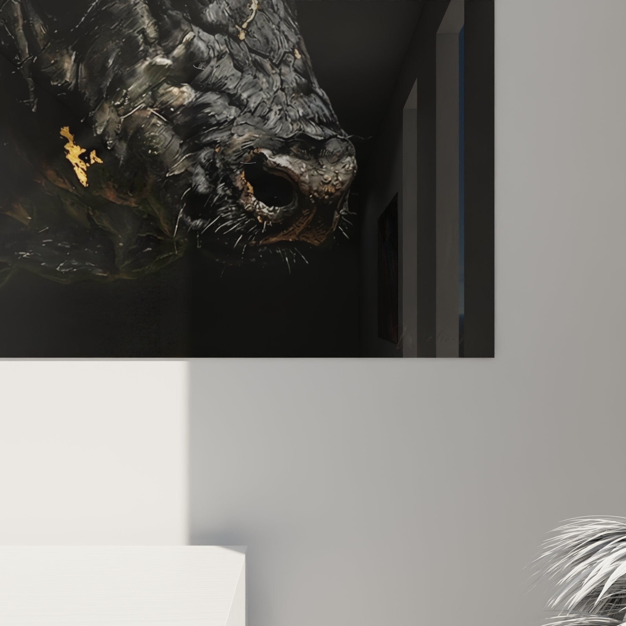 Vue ensemble tableau taureau camargais noir et or dans interieur moderne decoration provencale