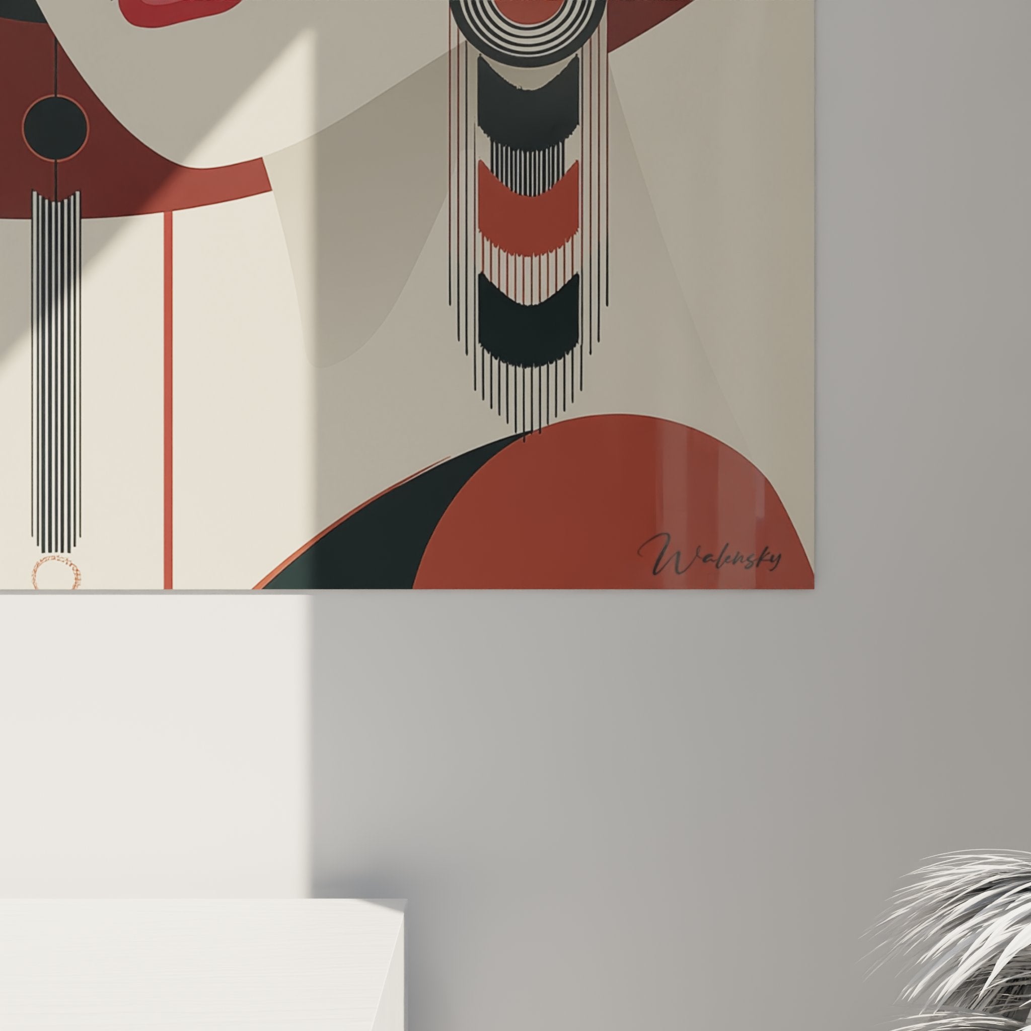 Overview art deco woman stylized geometric shapes red green beige palette artwork