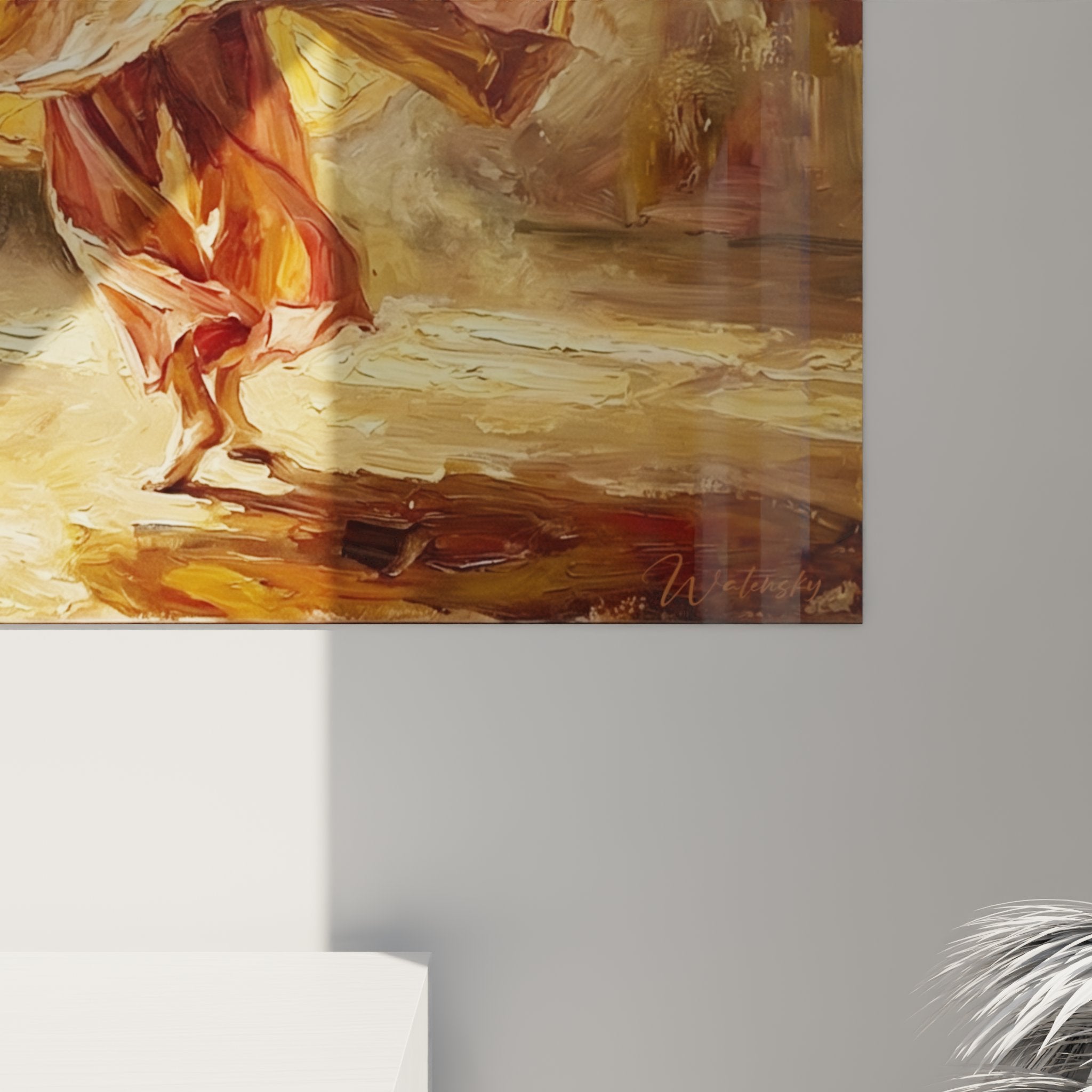 Panoramica quadro murale ballerina flamenco, arredamento interno elegante, opera d'arte danza passione dorata