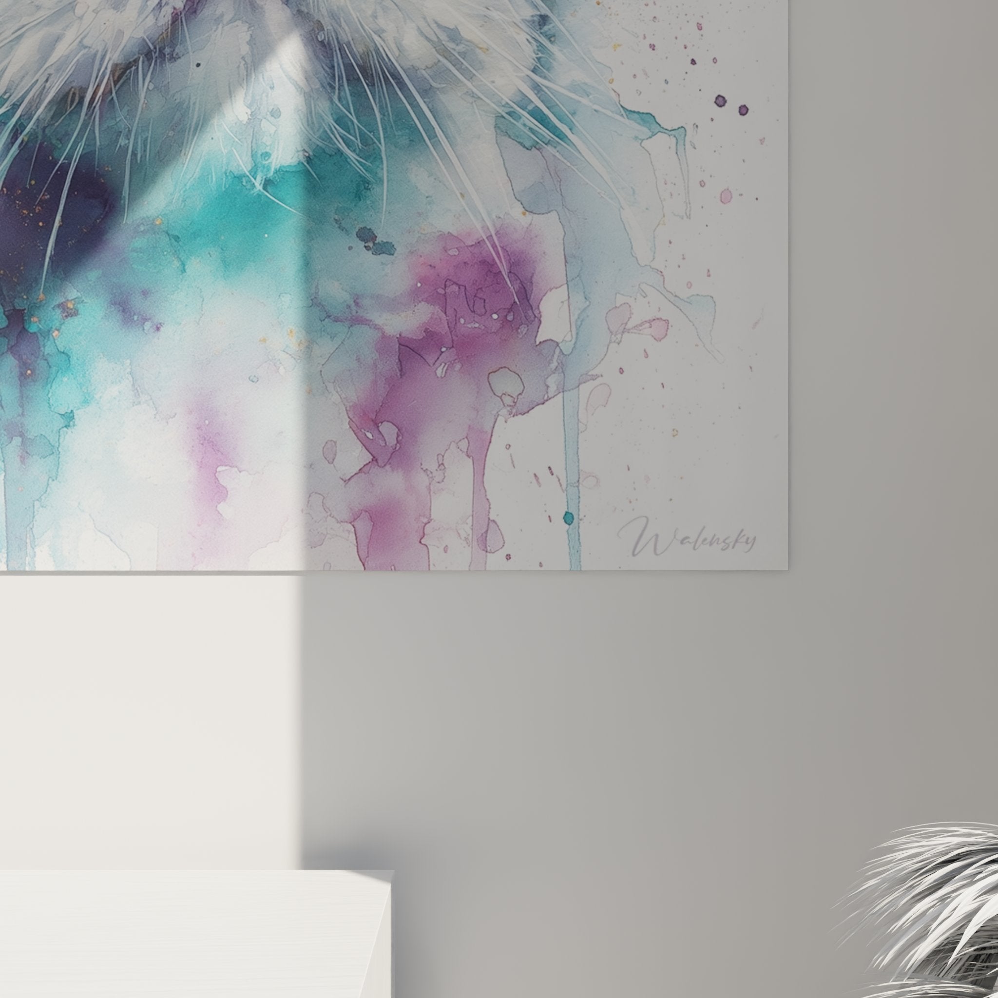 Gesamtansicht Aquarell-Katzenbild Wanddekoration Wohnzimmer moderne Felinen-Kunstausgabe Selkirk Rex