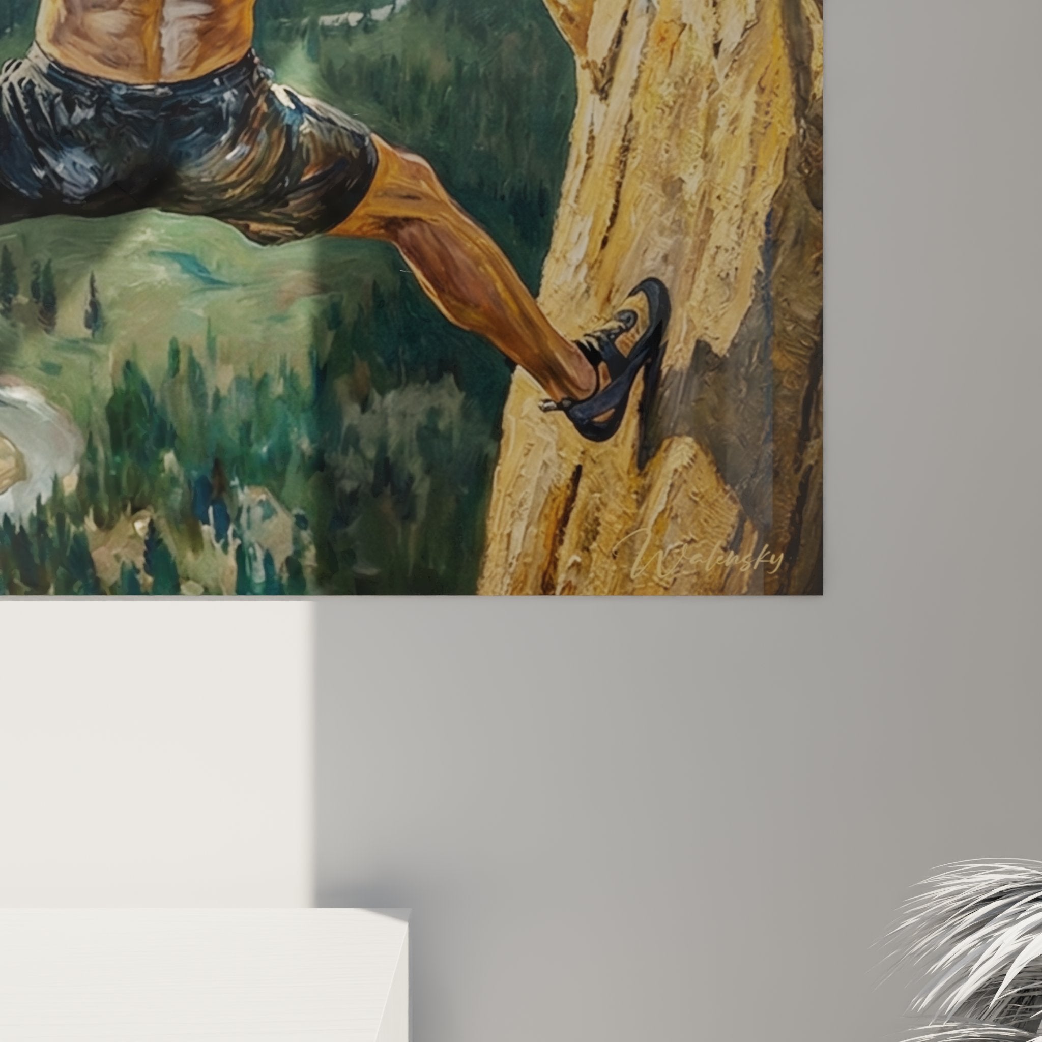 Overview rock climbing cliff painting with frame, extreme sport wall art for interior decoration