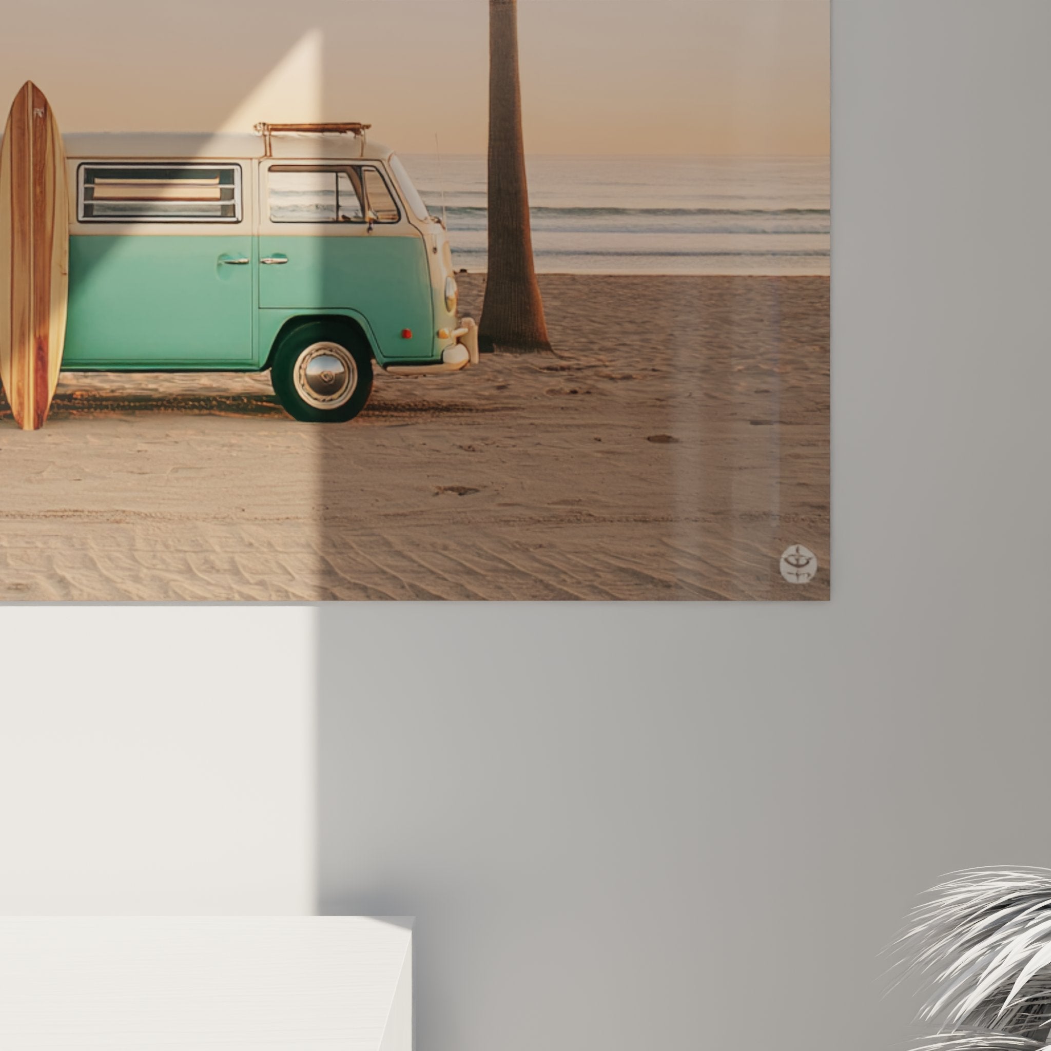 Vue ensemble tableau mural van surf vintage palmiers ocean pacifique ambiance californienne