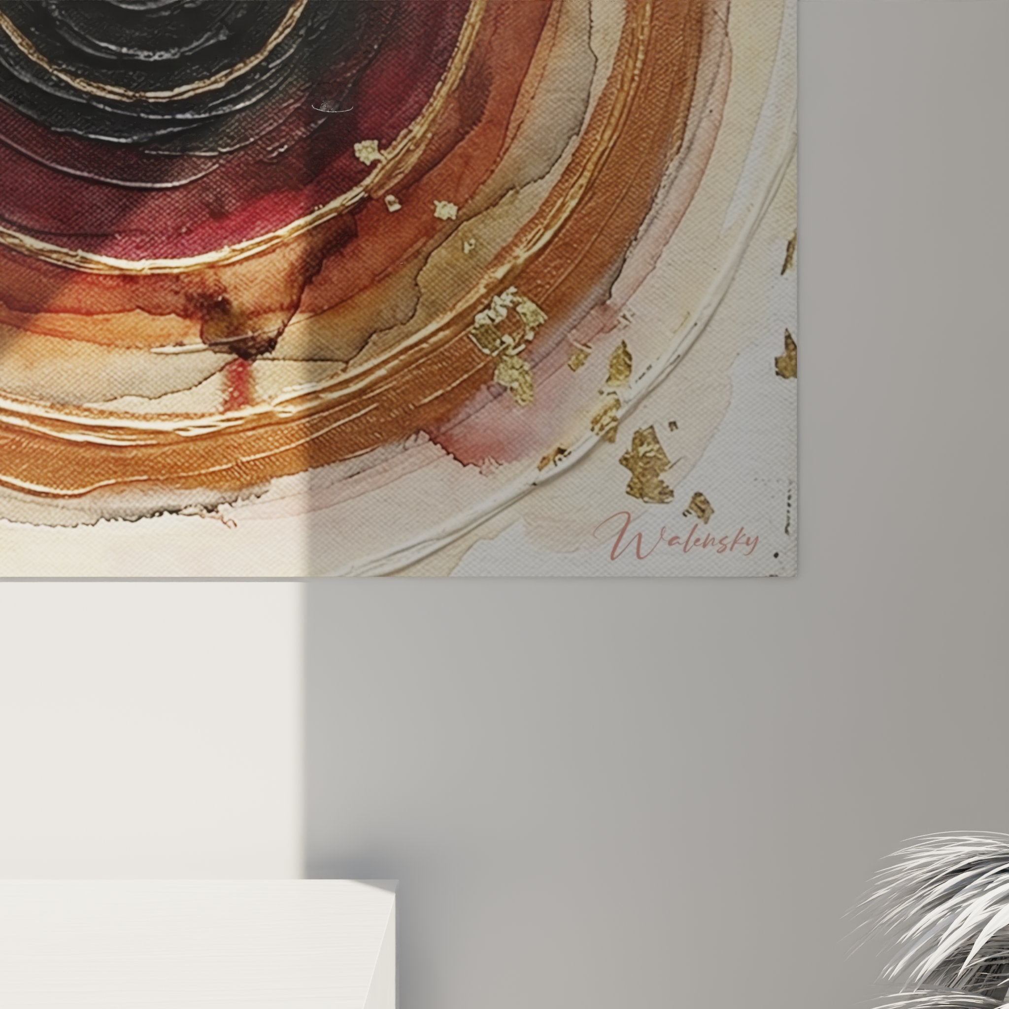 Overview abstract spiral painting - golden contemporary wall art