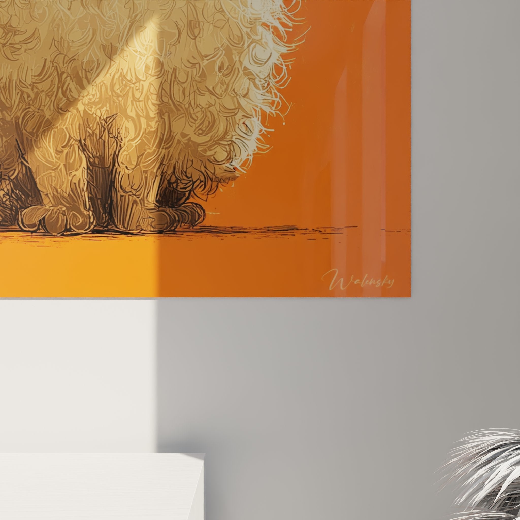 Vue ensemble tableau chaton Selkirk Rex art mural orange decoration interieur moderne chat race bouclee