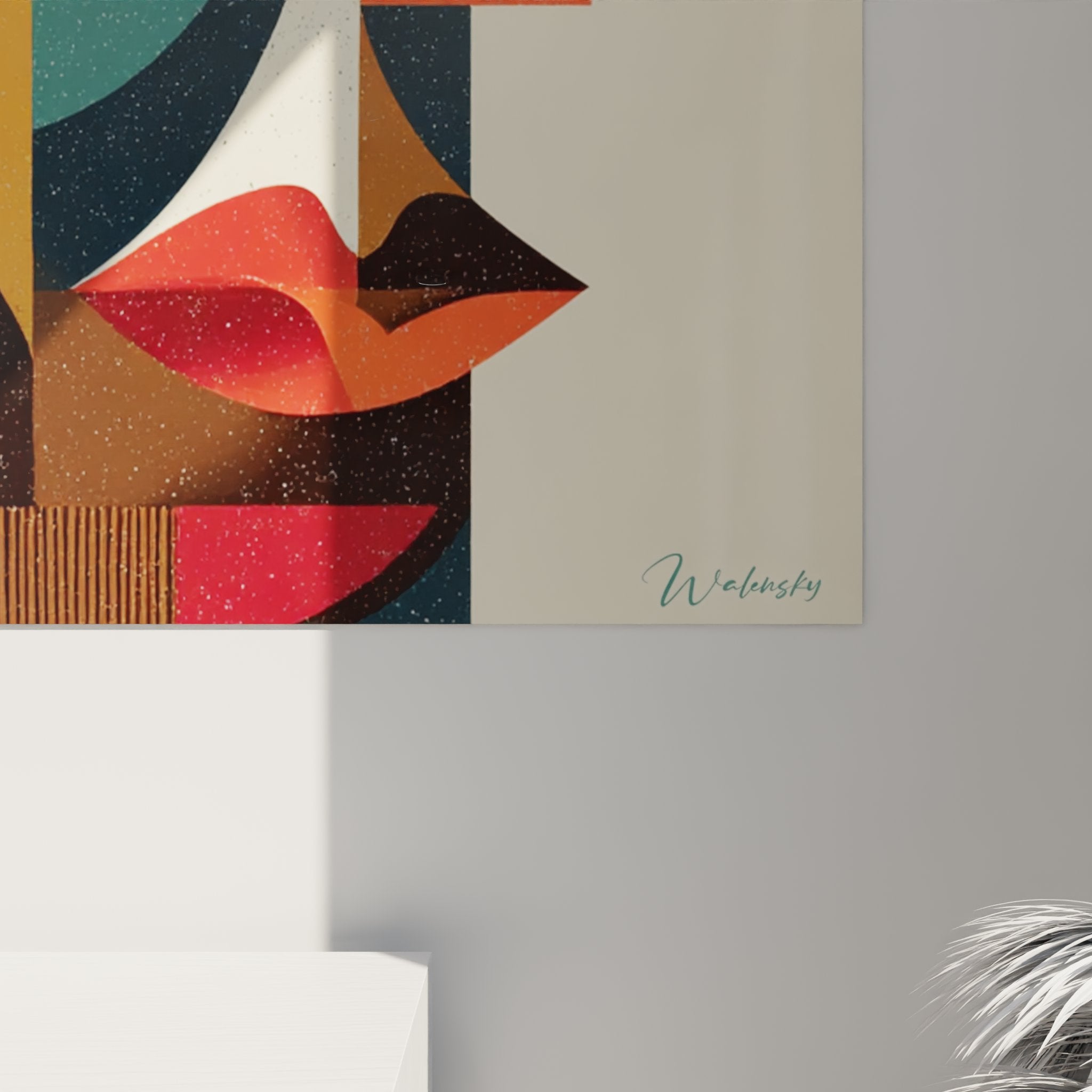 Vista d'insieme quadro arte tribale africana volto cubista decorazione murale etnica moderna geometrica astratta