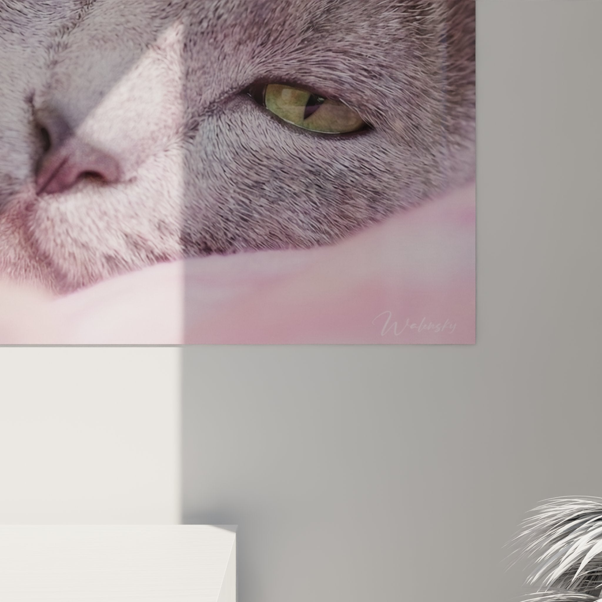 Vue d'ensemble tableau mural chat Korat, art félin élégant pour salon ou chambre, tons roses et gris