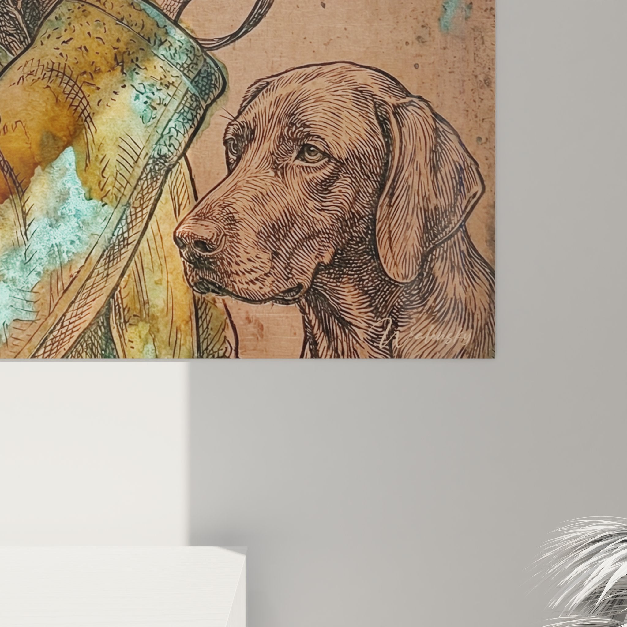 Vue ensemble tableau chasseur sonnant cor accompagne chien chasse decoration murale art cynegetique