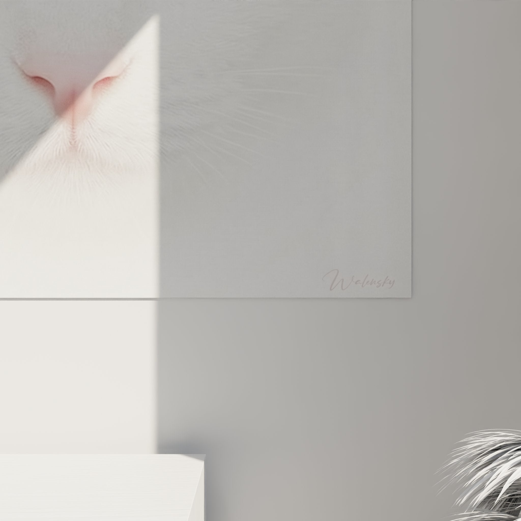 Vue ensemble tableau portrait chat Khao Manee blanc decoration murale art animalier yeux dores ambiance