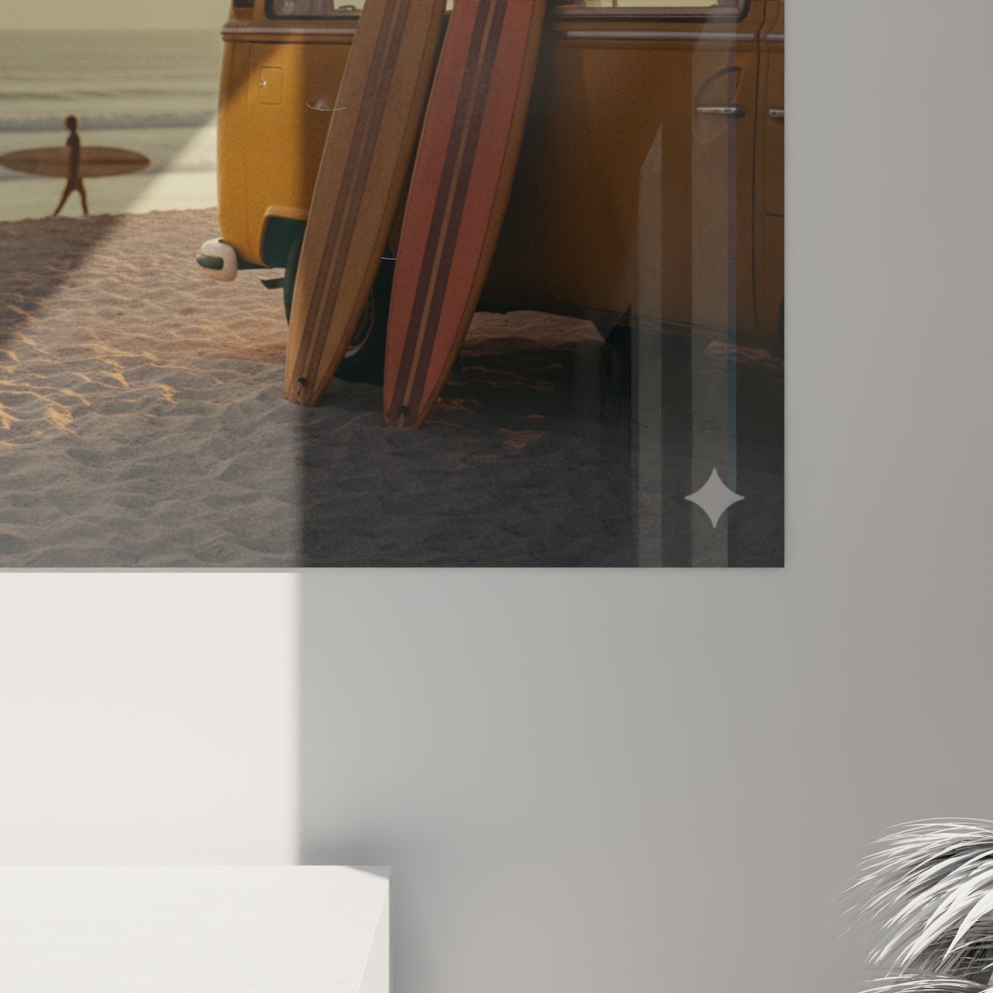 Vue d'ensemble tableau van surf vintage, composition plage tropicale coucher de soleil lifestyle surf